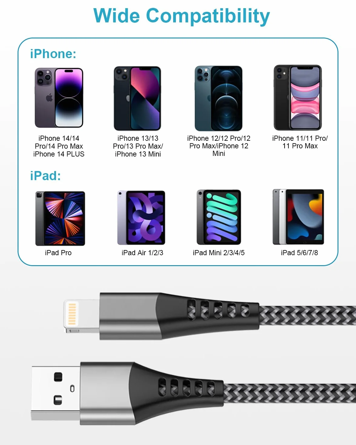 Câble iPhone MFi Lot de 2 1M+1M Nylon Chargeur pour Apple iPhone 14 13 12 11 Pro Max XS XR 8 7 6 iPad
