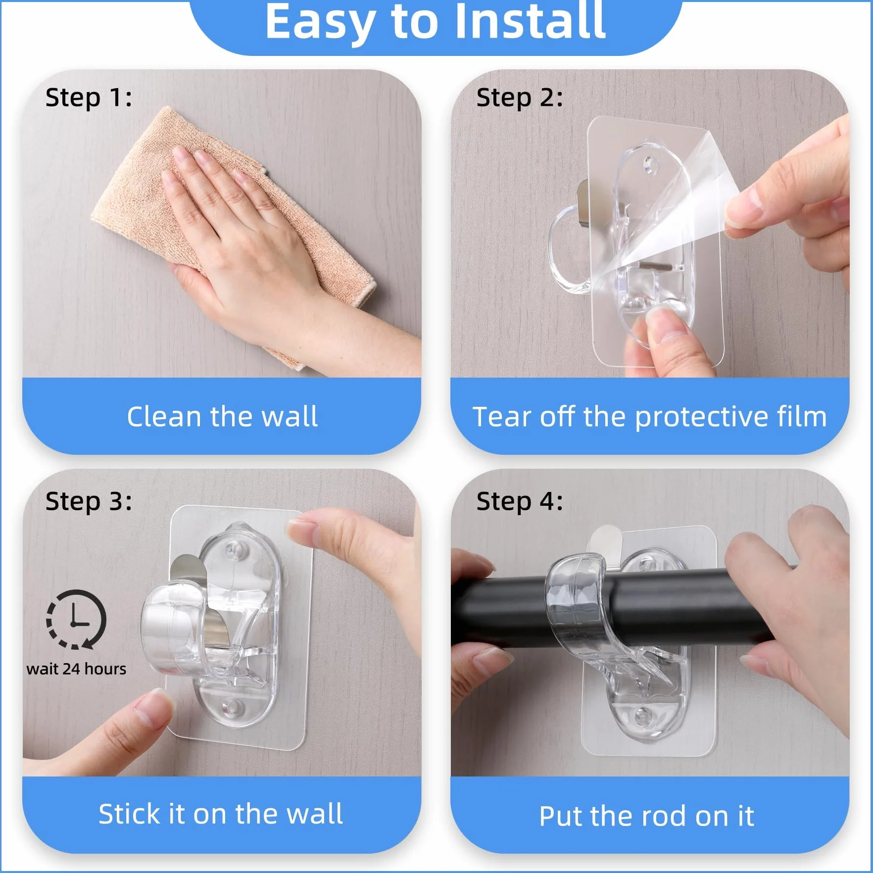 Support de Tringle à Rideaux sans Percage Autocollant Forte Transparent 4 Pièces