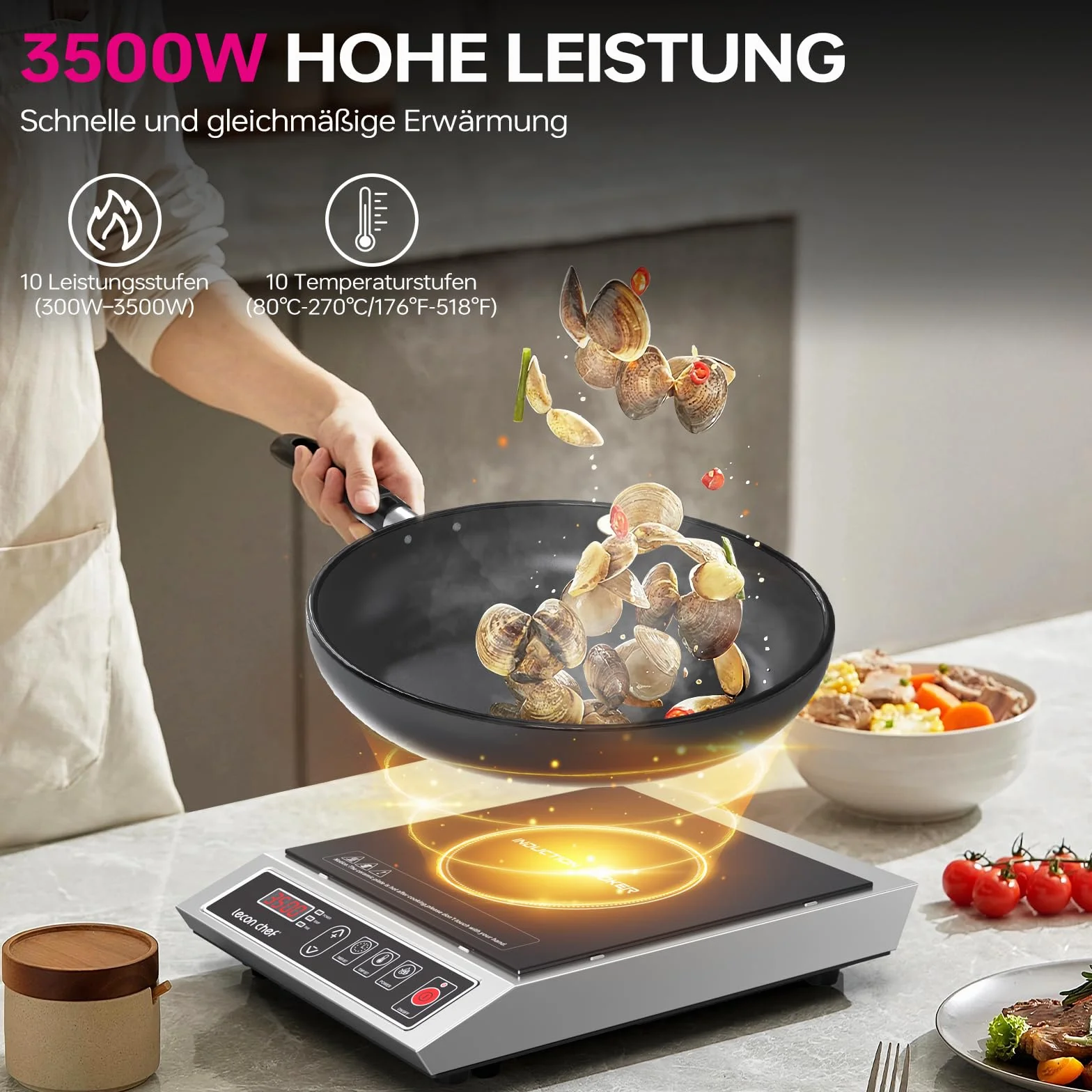 Plaque à induction, Portable 1 Feu Puissante 3500 W, Plaque de cuisine electrique Réglable sur 10 niveaux, grande capacité de charge de 50 KG, 24 heures minute
