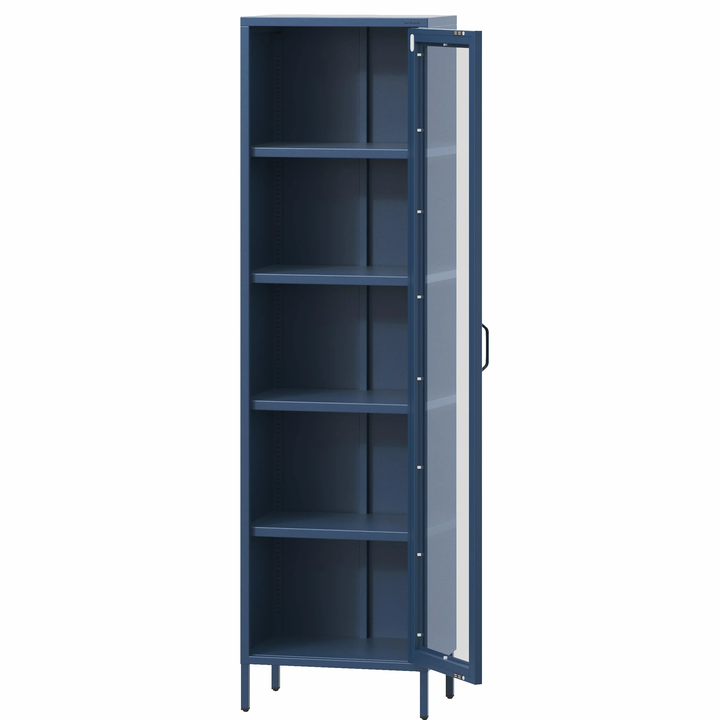Jan Nowak Luigi Armoire vitrine à 1 Porte - 50 x 180 x 35 cm - 4 étagères réglables - Verre trempé - Montage Mural - Vitrine en Verre Debout - Armoire de Salon Scintillante - Bleu foncé