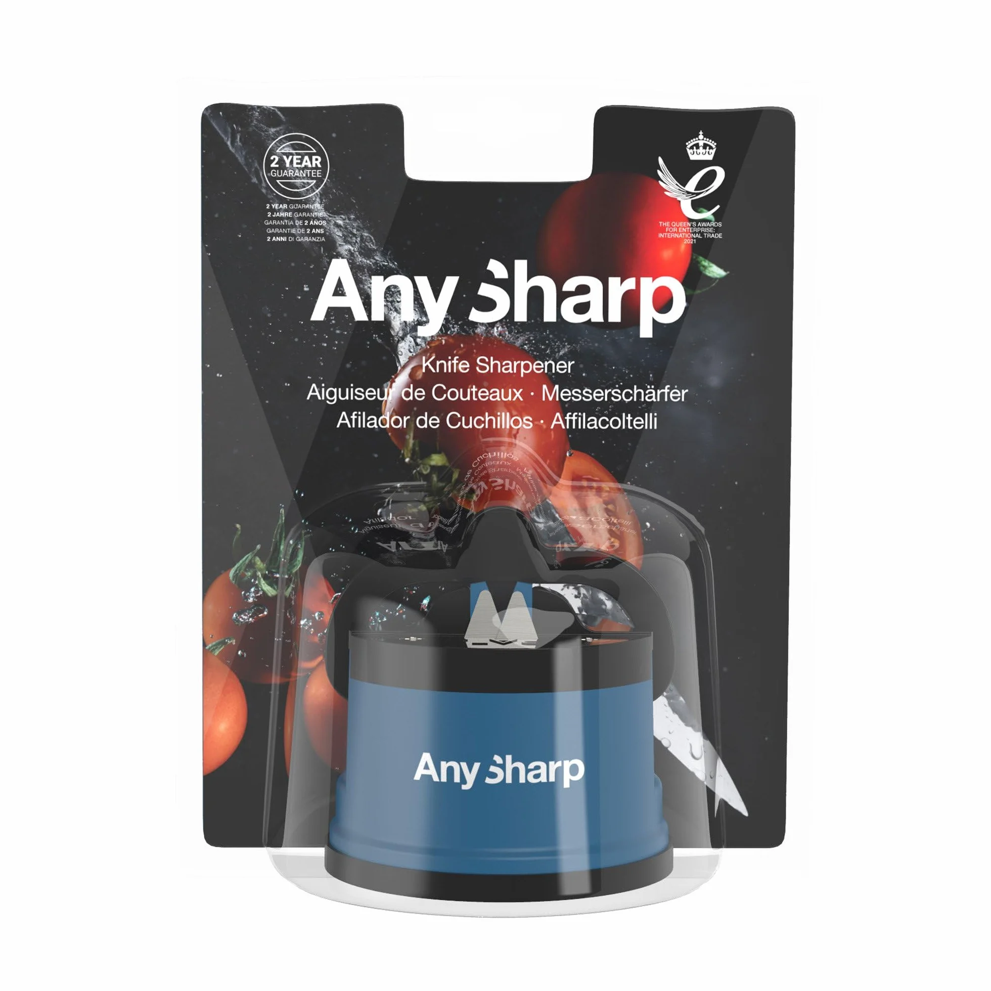 AnySharp Aiguiseur de Couteaux, Sécurité Mains Libres, Ventouse PowerGrip, Bleu