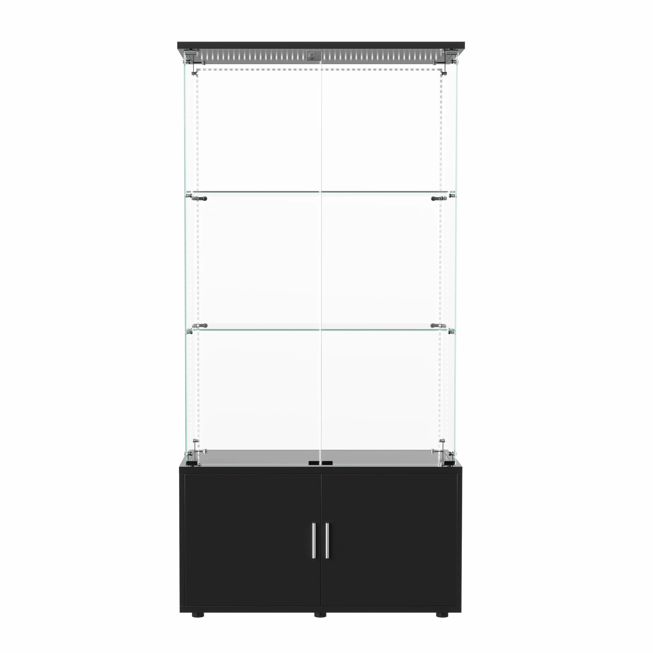 Vitrine en Verre avec 3 étagères et LED, Vitrine en verre sur pied avec 2 Portes et Base de Casier, Meuble Vitrine Verre pour Collection, pour Salon, Chambre, 78.5x35x164 cm (Noir + Bande LED)