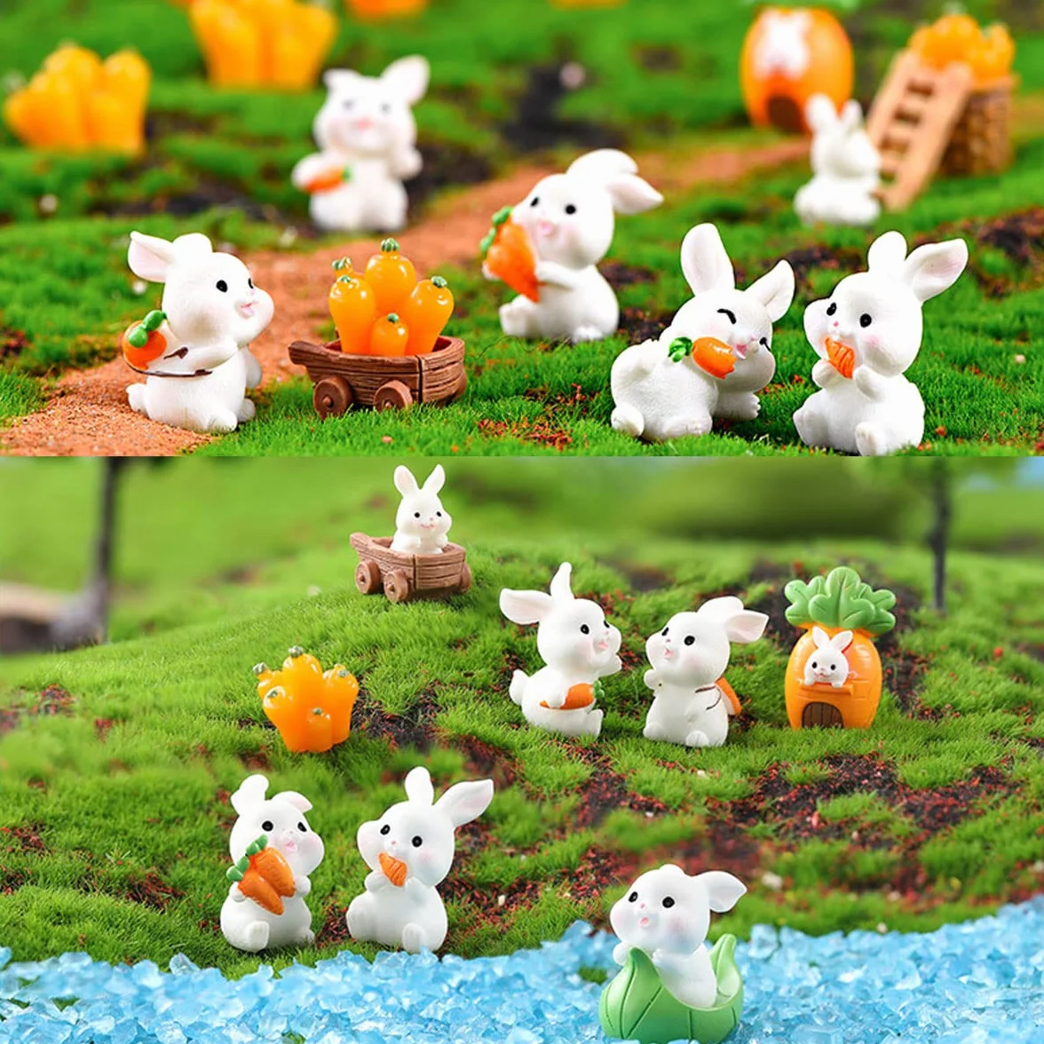 Figurines de Pâques Lapin Ornement 17 Pièces Avec Carotte, Statue Jardin
