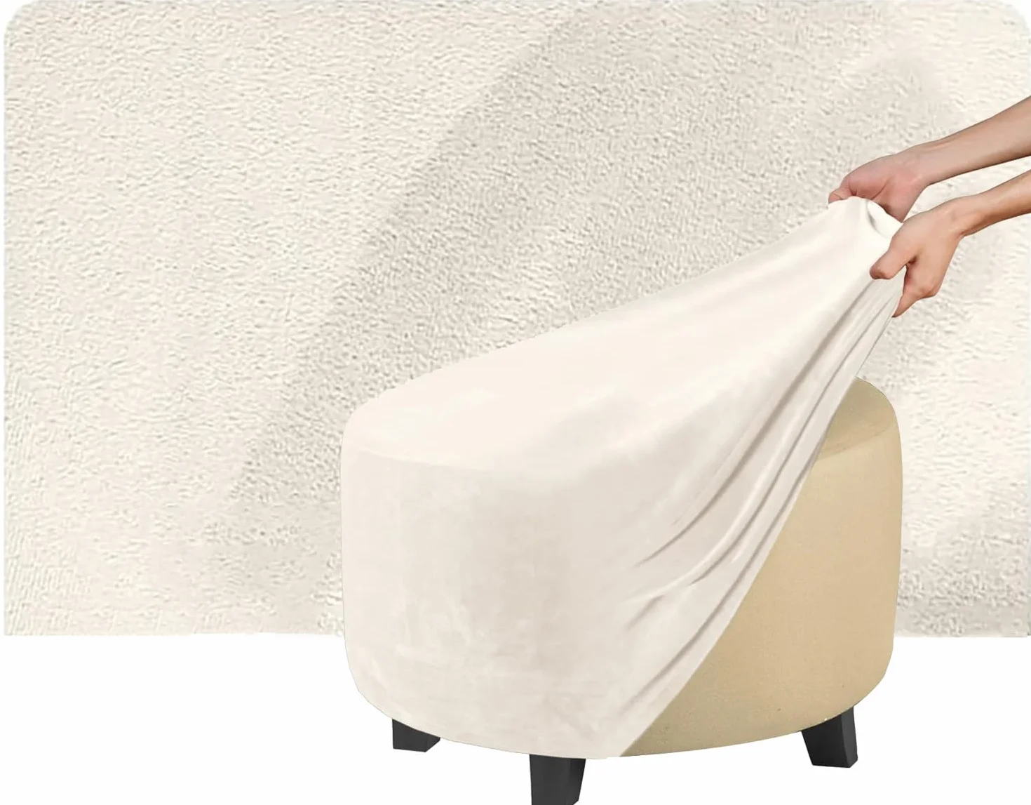 Housse de Pouf Rond 40cm 60cm 35cm Extensible Velours Protecteur Ottomane Cover Repose Pieds Tabouret Ivoire