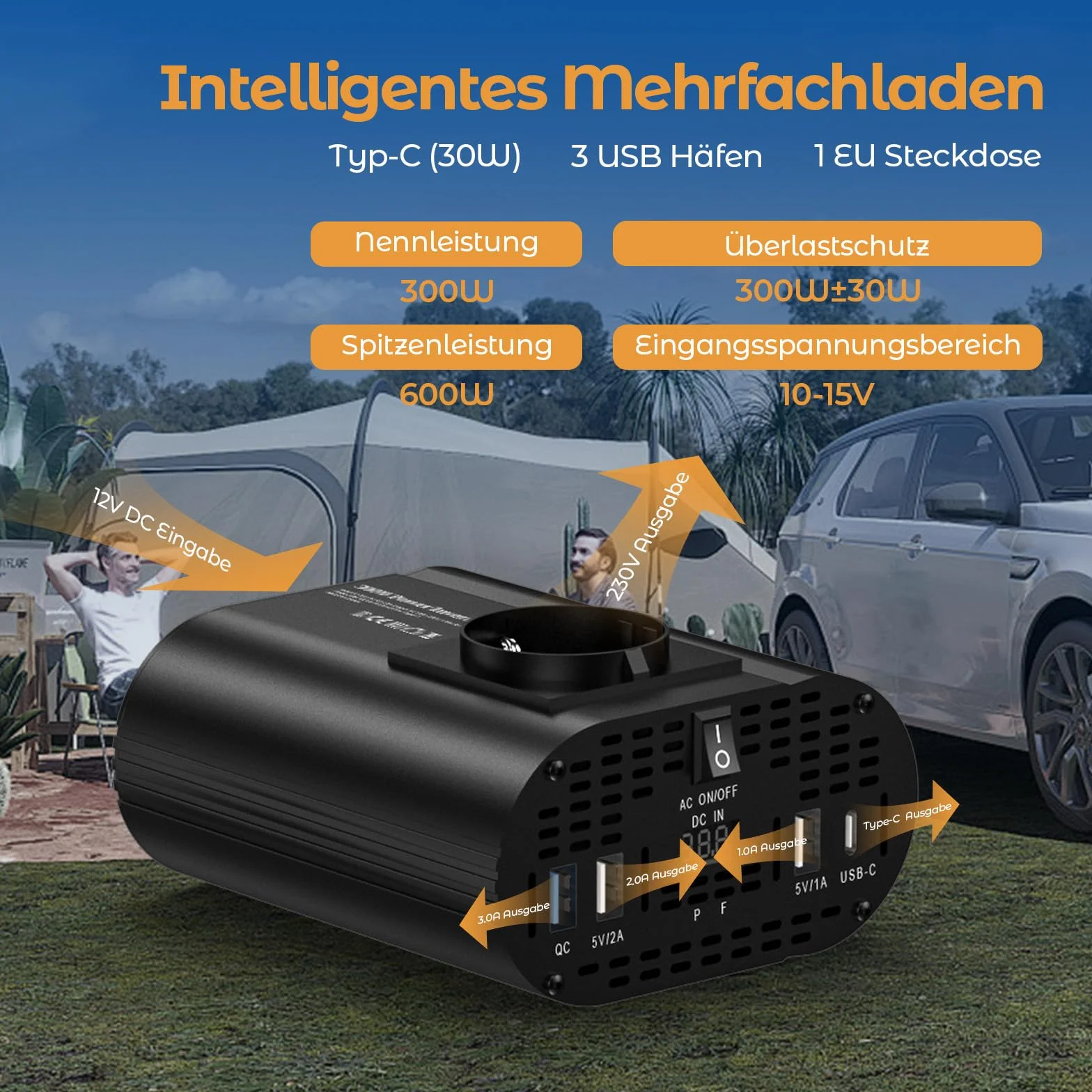 300w konwerter 12v 220v, przenośnik 12v 220v z 1 gniazdem, typ C 30W, szybkie ładowanie USB 25W, 3 porty USB, wyświetlacz LED