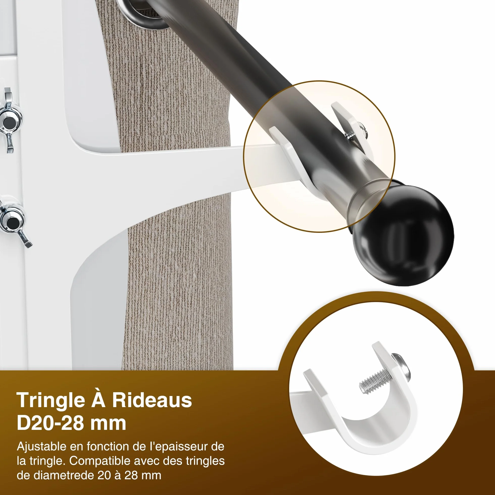 Supports de tringle à rideaux sans perçage Ø20-28 mm métallique blanc lot de 2