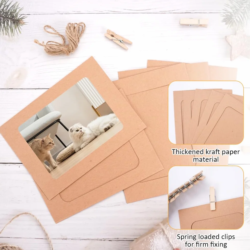 Cadres Photo en Papier Kraft 30 Pièces 15,5 x 11,5 cm Guirlandes avec Pinces en Bois et Corde de Chanvre Décoration Murale Suspendue