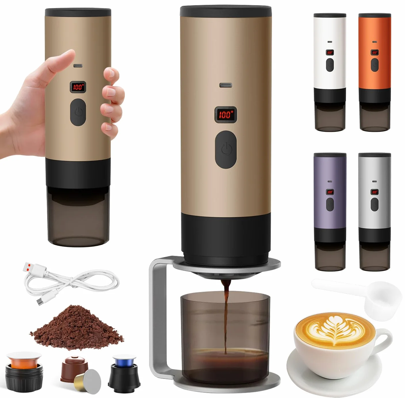Machine a Cafe Portable avec Support,Cafetière Portable 3 en 1,Affichage Intelligent Machine a Cafe Compatible avec Cup et Café Moulu (Marron)