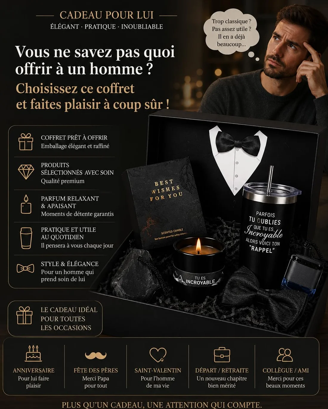 Coffret Cadeau pour Homme de Luxe avec Bougie Parfumée,Tasse,Cadeaux de Saint Valentin/Fête des Pères/Anniversaire/d'anniversaire/Retraite,Cadeau Merci pour Papa,Mari,Petit ami,Frère,Ami,Collègue