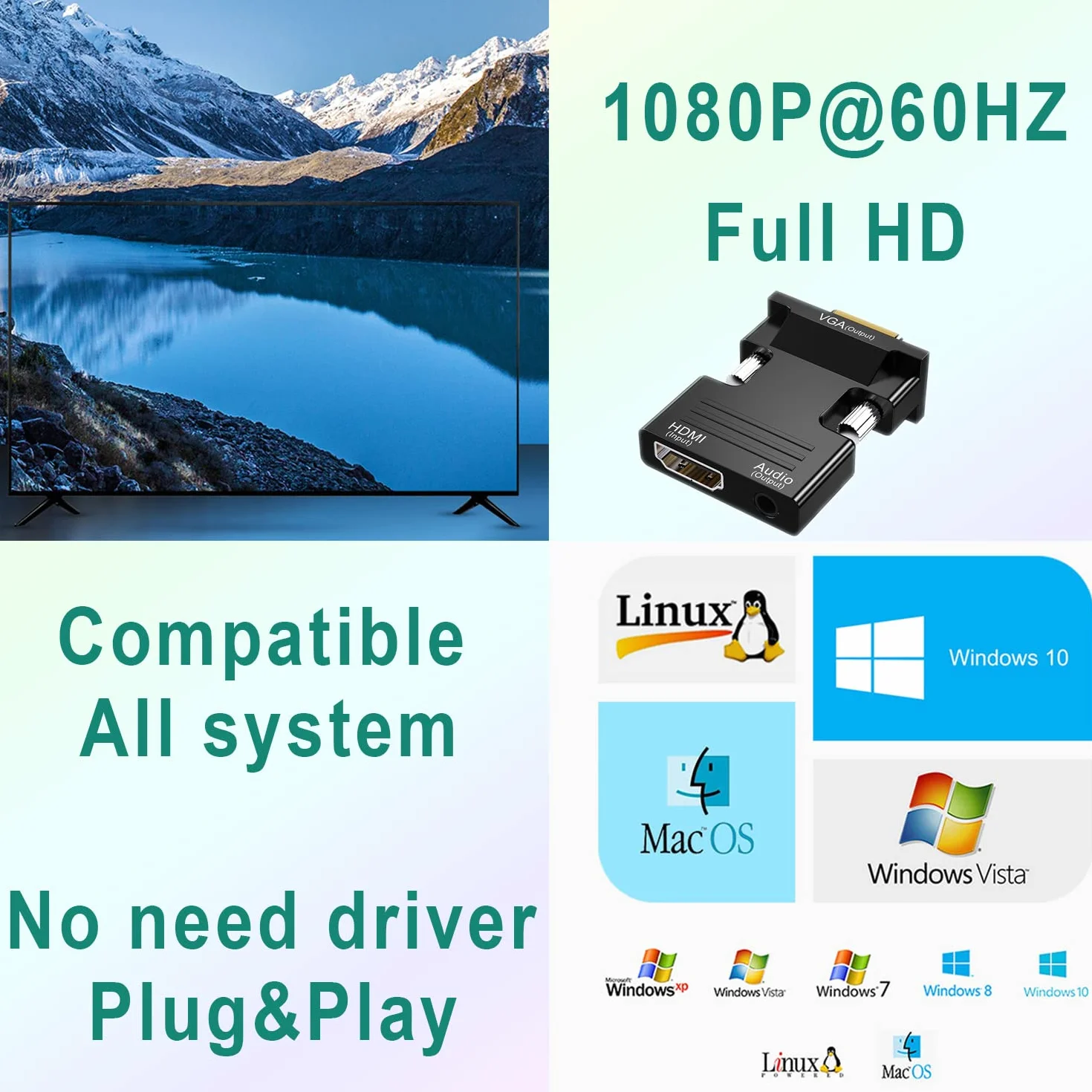Adapter HDMI na VGA 1080P 60Hz z Kablem Audio 3,5 mm - Konwerter Kompatybilny z Pamięcią Roku, PC, Projektorem, Monitorem i Nie Tylko