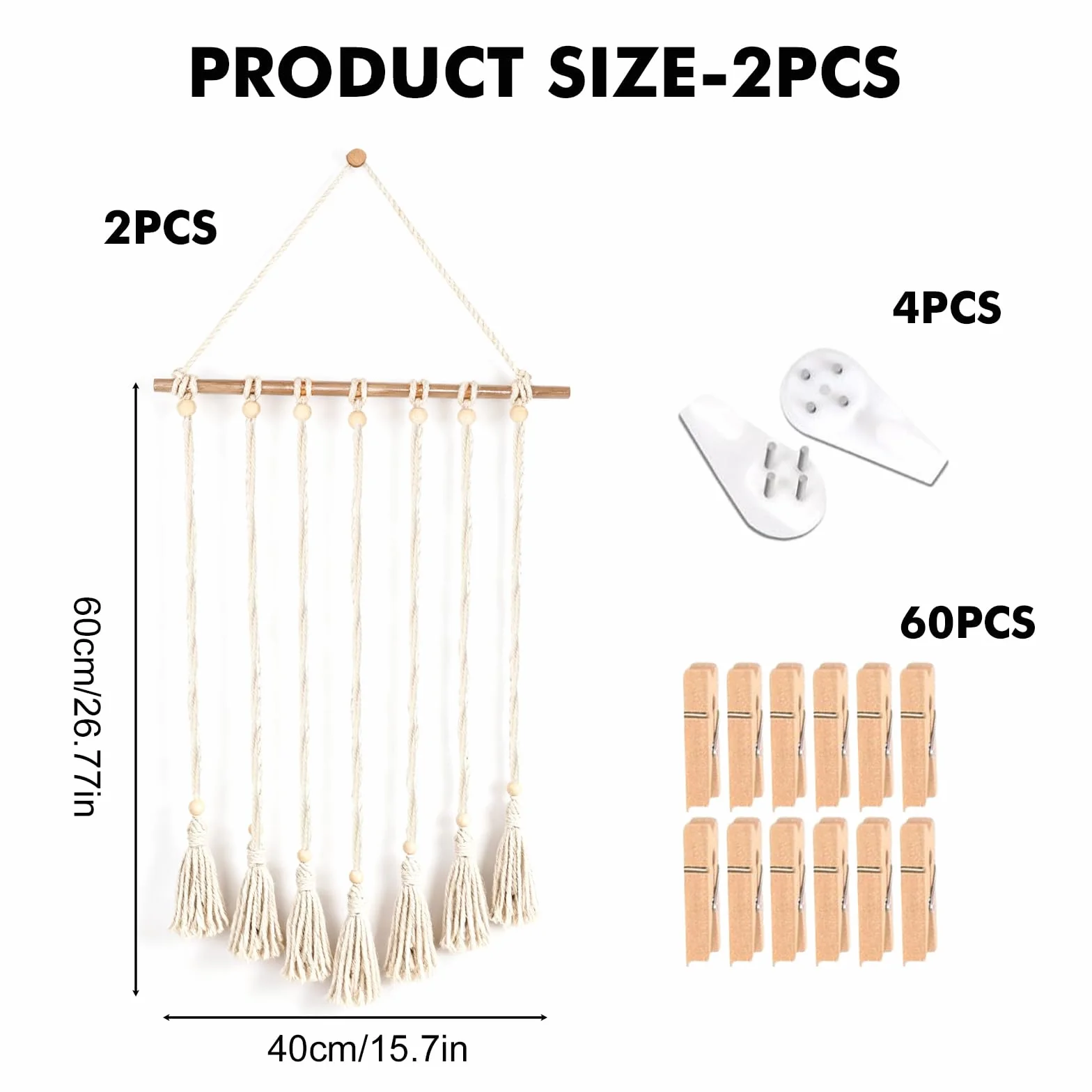 Macramé suspendu pour photo 2 pièces rideau photo 60 pinces en bois tenture murale bohème décoration intérieure