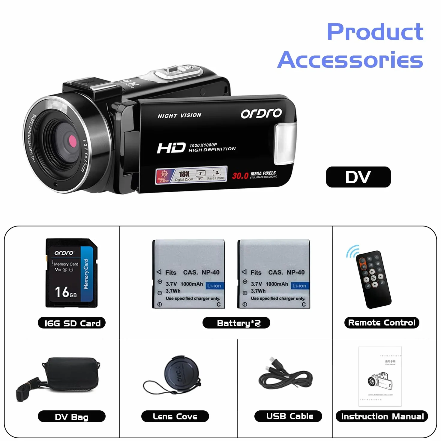 ORDRO Full HD 1080P 30MP kamerka wideo 18-krotny zoom cyfrowy IR noktowizor kamera do vlogów na YouTube, 3,0-calowy obrotowy ekran, z kartą 16 GB i 2 akumulatorami (czarny)