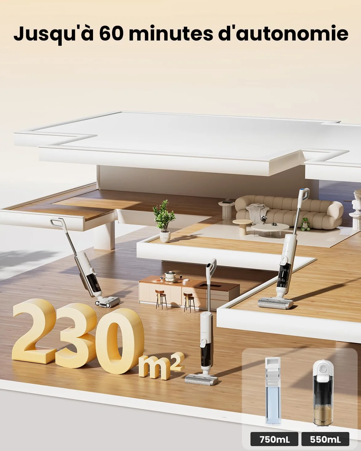 Proscenic F10 Ultra+ Aspirateur Laveur sans Fil,60 Mins Aspirateur Balai sans Fil Sec et Humide,Léger Aspirateur Eau et Poussière,Laveur de Sol,Autonettoyant,1.3L,Nettoyage des Angles,Bords,Sols Durs