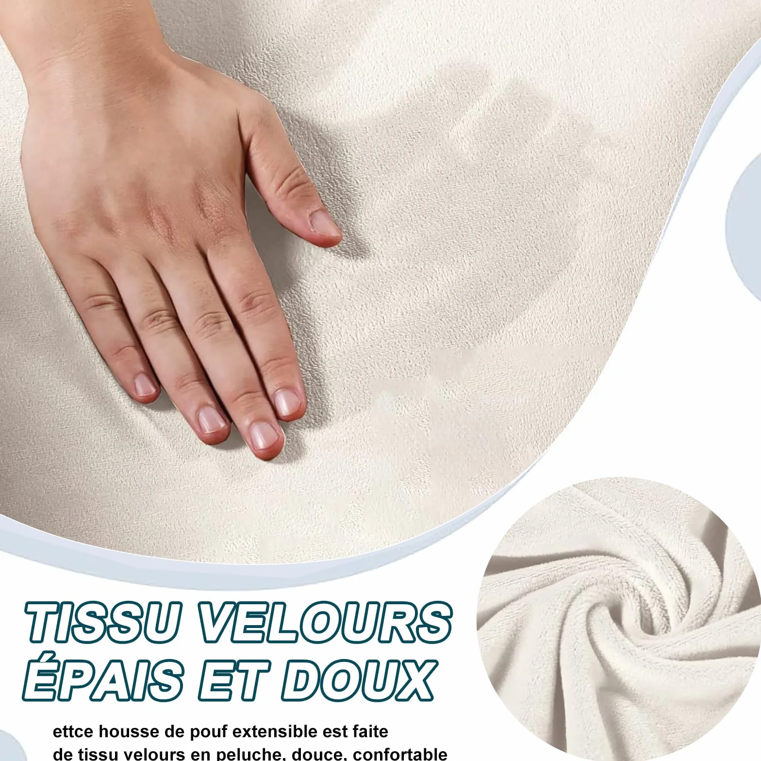 Housse Ottoman Rectangulaire Extensible Velours Repose-Pieds Amovible Antidérapant Blanc Crème