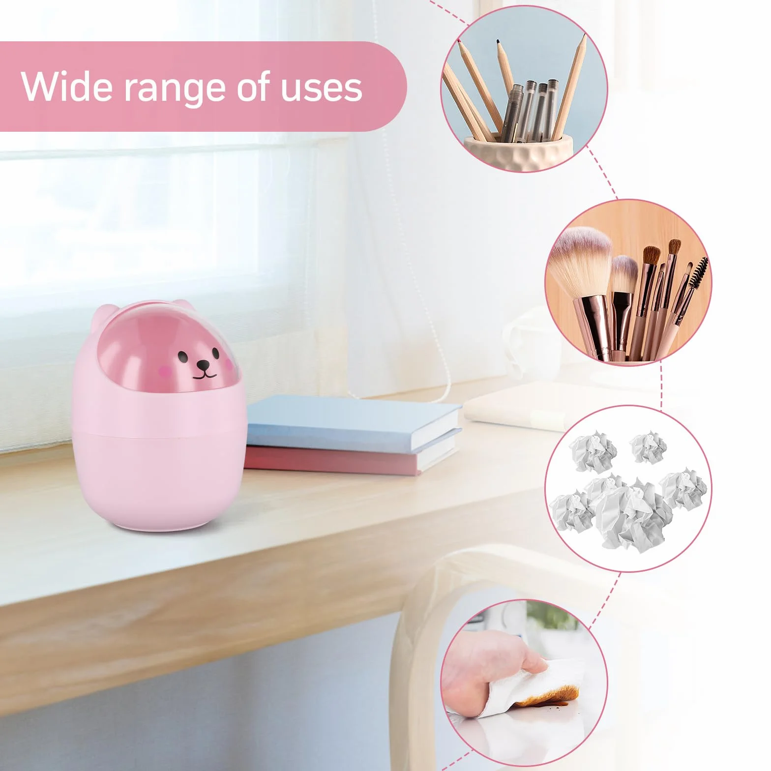Poubelle de Table Ministère avec Couvercle, Porte Stylo Amovible, Corbeille à Papier Plastique Rose
