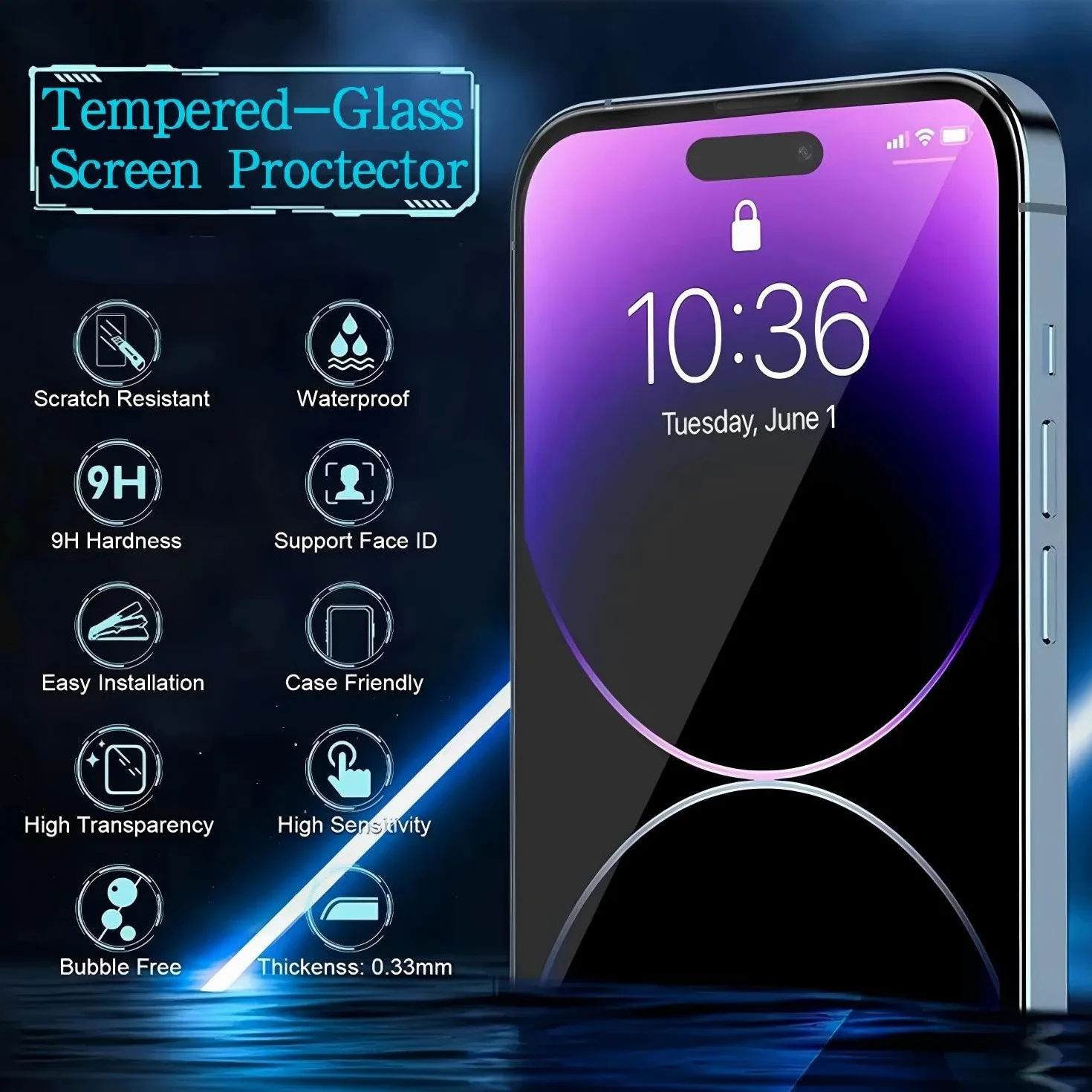 Opakowanie 3 folia ochronna ze szkła hartowanego na wyświetlacz iPhone 14 Pro, folia ochronna przeciwzarysowania, stopień twardości 9H, HD, folia ochronna na telefon komórkowy 6,1 cala, szkło o ultra