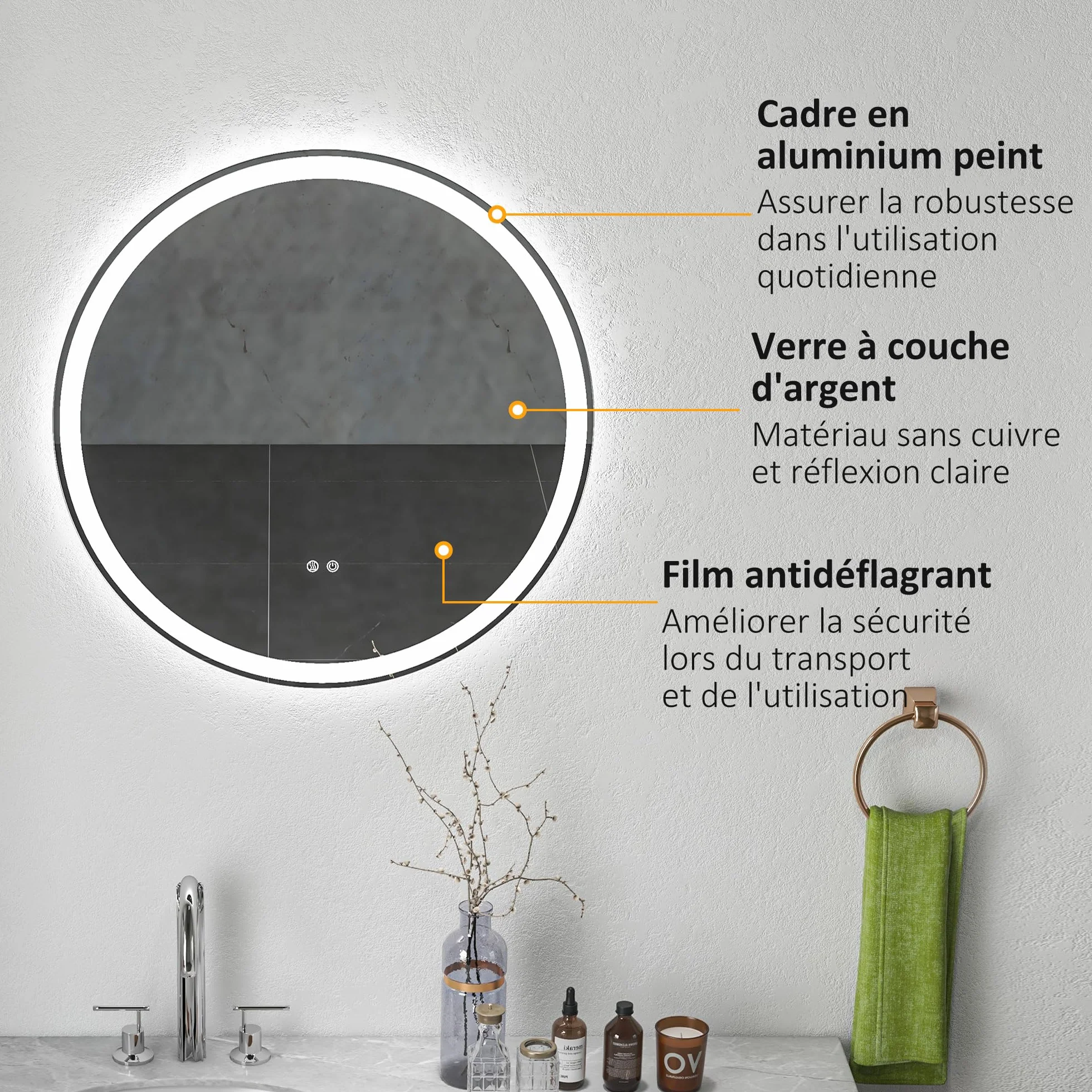 kleankin Miroir Salle de Bain avec éclairage Ø 70 cm Miroir Rond Lumineux 3 Couleurs Interrupteur Tactile système antibuée 23W Blanc Argent