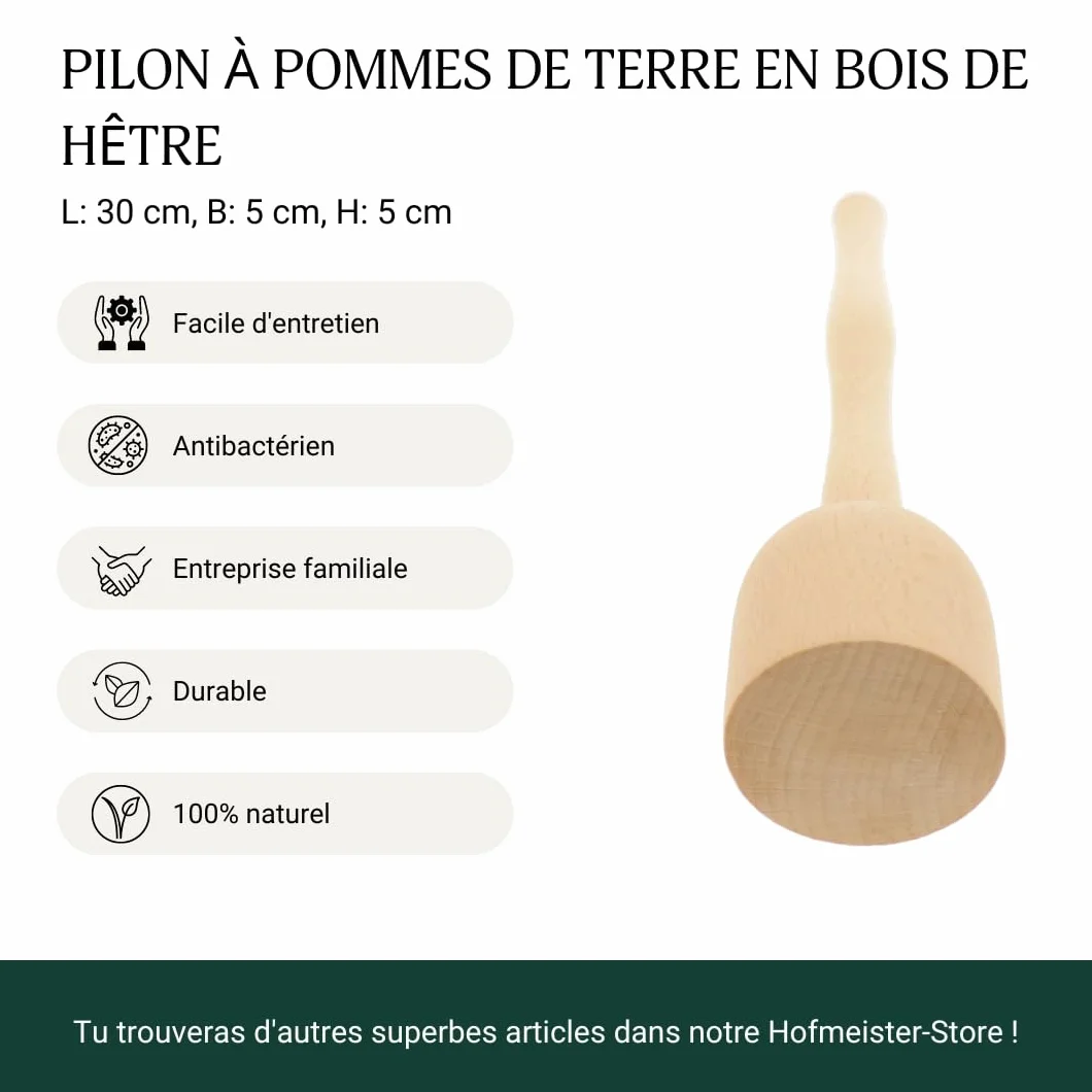 HOFMEISTER Pilon à pommes de terre 30 cm, en bois de hêtre, antibactérien, résistant à la chaleur