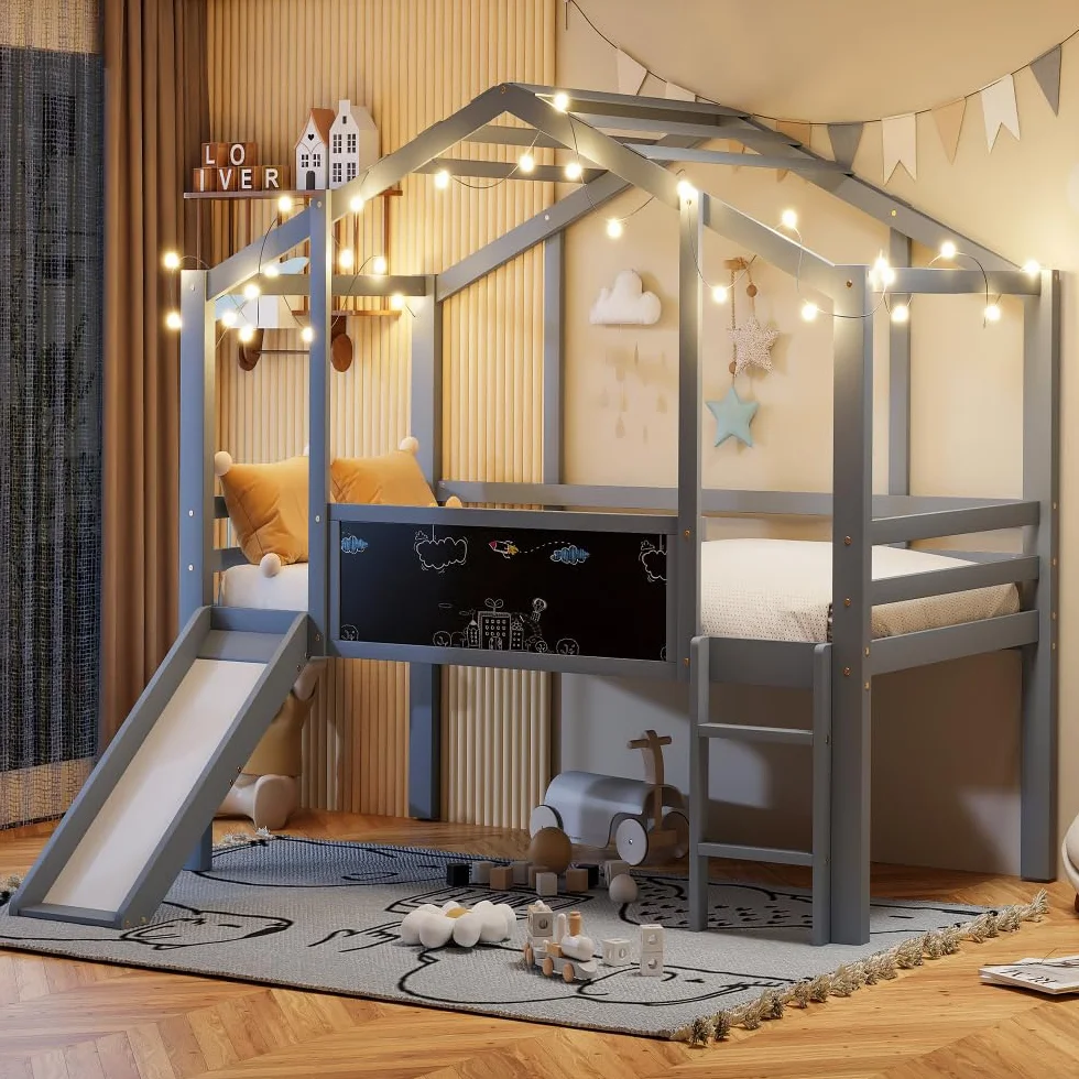 Lit cabane enfants 90x200,lit enfant cabane avec toboggan,panneau graffiti,lit superposé enfant 90x200 lit enfant mi hauteur en bois,cadre de lit mezzanine 1 place avec sommier à lattes (Gris)
