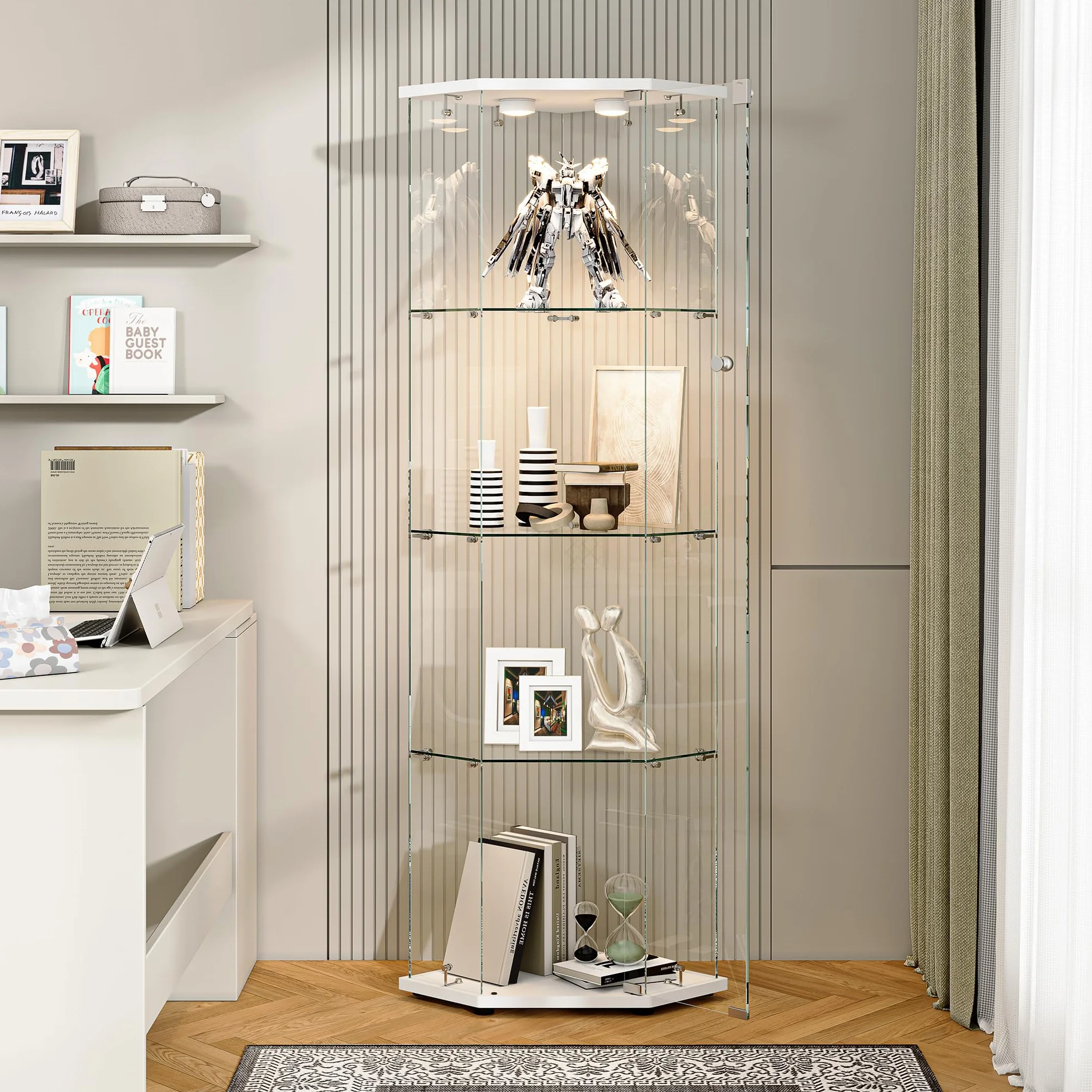 Vitrine en Verre,Vitrines d'angle en Verre avec LED,Hauteur de 162 cm Armoire de Collection en Verres à 4 Couches avec 1 Porte, vitrine trempé Transparent Moderne pour Salon, Chambre à Coucher, Bureau