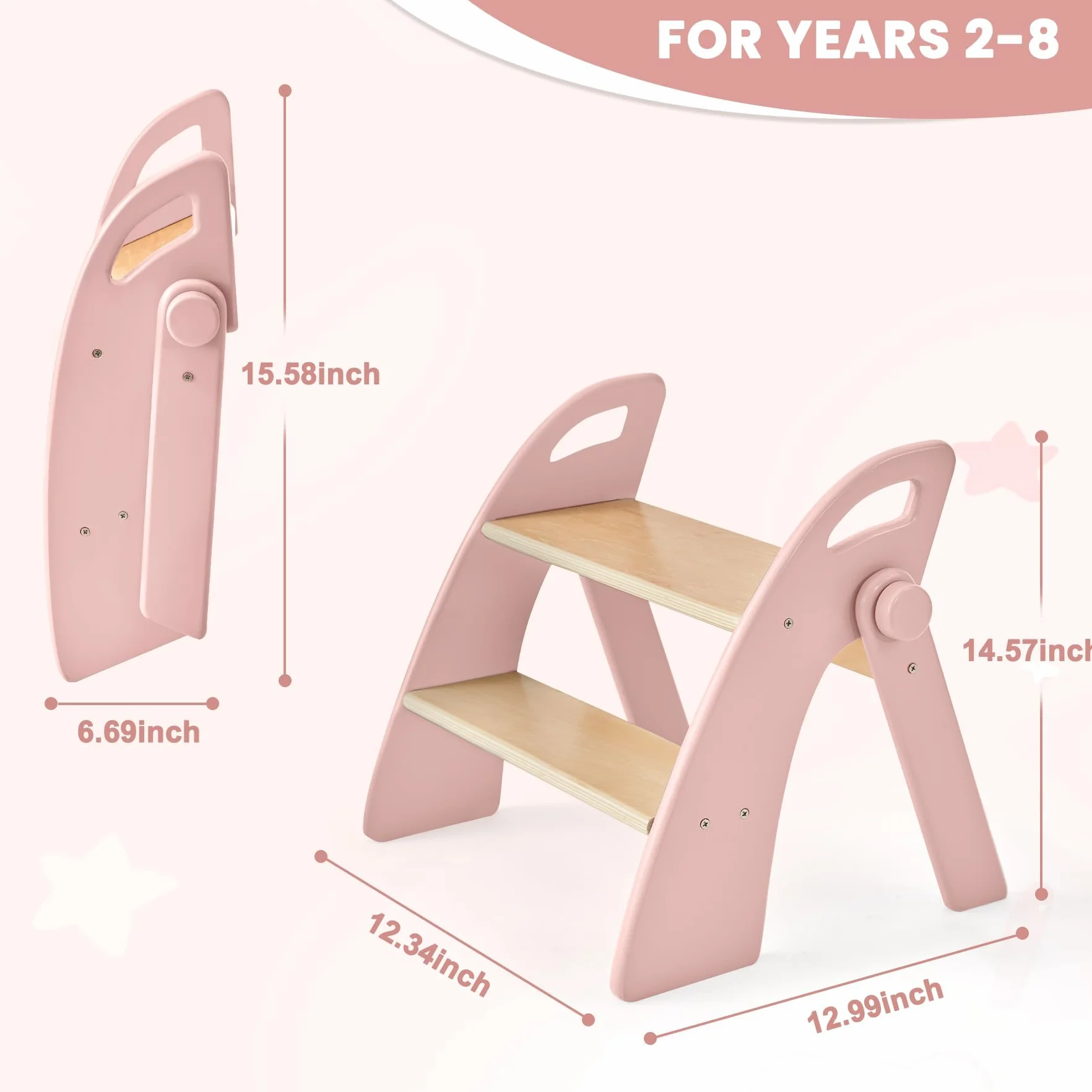 Marche Pied Pliable à 2 Marches en Bois pour Enfants, Capacité de 130 kg avec Tapis Antidérapant et Poignées, Tabouret pour Chambre, Salle de Bain, Cuisine, Rose