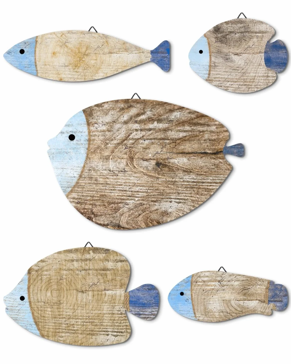 Décoration Murale Poissons Bois, Lot de 5 Silhouettes Style Bord de Mer, Teintes Bleu Naturel, Déco Marine Maison