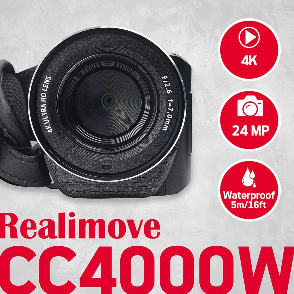 AGFA Realimove CC4000W - wodoodporna kamera 4K, 3-calowy ekran dotykowy, 18-krotny zoom cyfrowy, wideo 2,7K, zdjęcie 24 MP, pilot zdalnego sterowania, wiele trybów nagrywania, bateria litowa - czarna