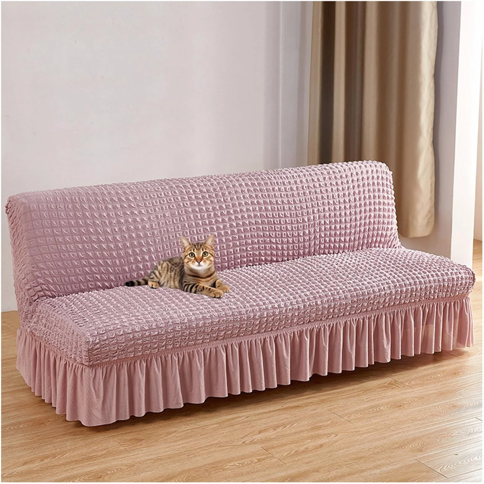 Housse De Futon Extensible sans Accoudoirs avec Jupe, Lavable en Machine, Rose, M (160-190cm)