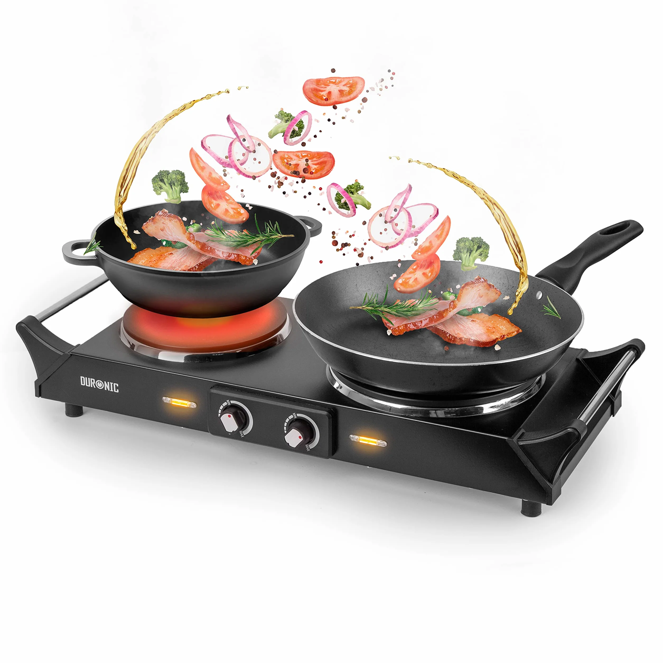 Duronic HP2 BK Plaque de cuisson chauffante électrique 1500W | Double Foyer en fonte de 20 et 15 cm | Poignées ergonomiques | Thermostat réglable | Réchaud mobile alternatif à une table de cuisson