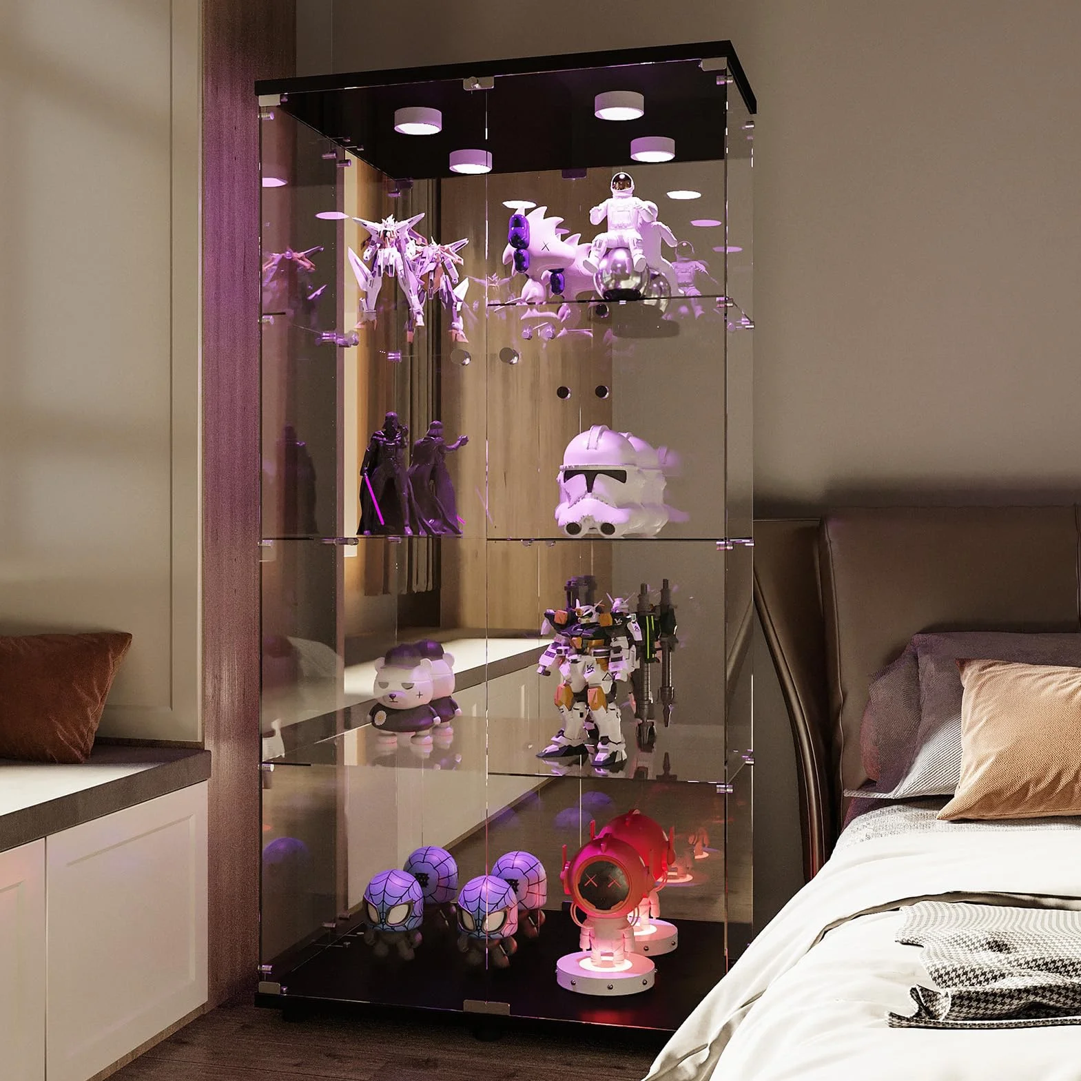 Vitrine en Verre à Miroir avec 4 Étagères, 2 Portes, 164 × 80,5 × 36,5 cm, Collection d'Exposition à Colonne pour Salon avec LED