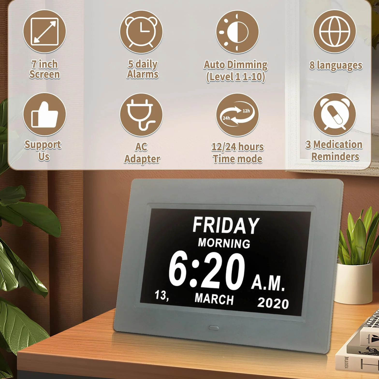 VHV 7 Pouces LCD Horloge Numérique Calendrier avec Date Jour Heure Auto Dimming 8 Langues HD Display Rappel Alzheimer Personnes Âgées Enfants Blanc