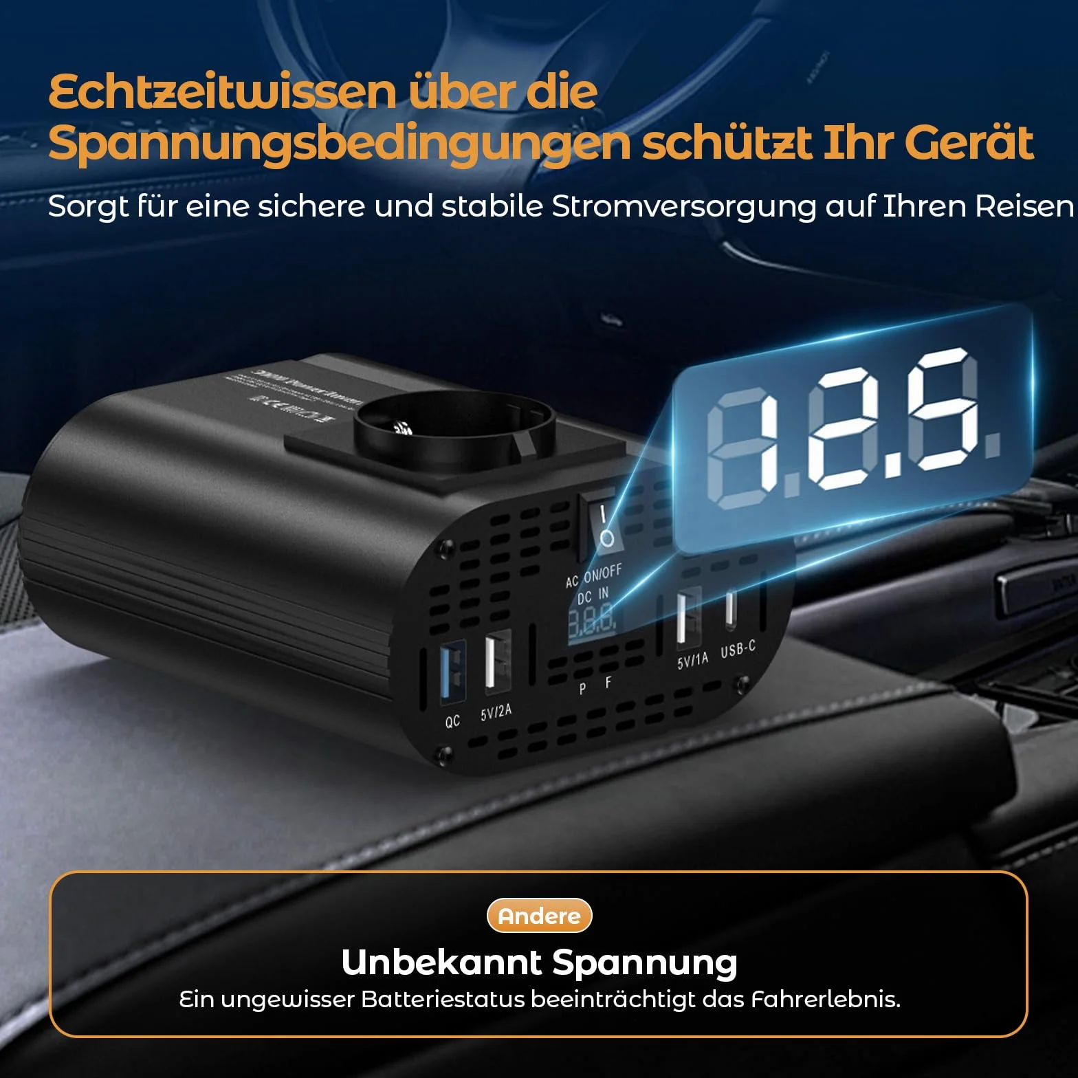 300w konwerter 12v 220v, przenośnik 12v 220v z 1 gniazdem, typ C 30W, szybkie ładowanie USB 25W, 3 porty USB, wyświetlacz LED