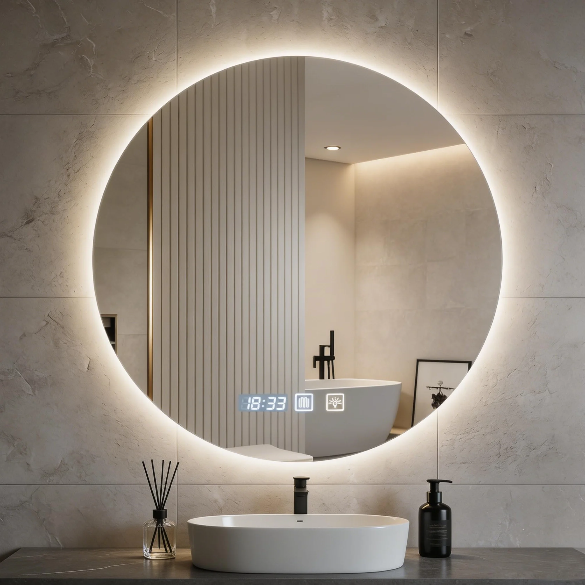 Miroir de salle de bain rond à LED, 60 x 60 cm, mural, antibuée, lumière variable en 3 couleurs, miroir antibuée avec lumières rétroéclairées, pour salle de bain