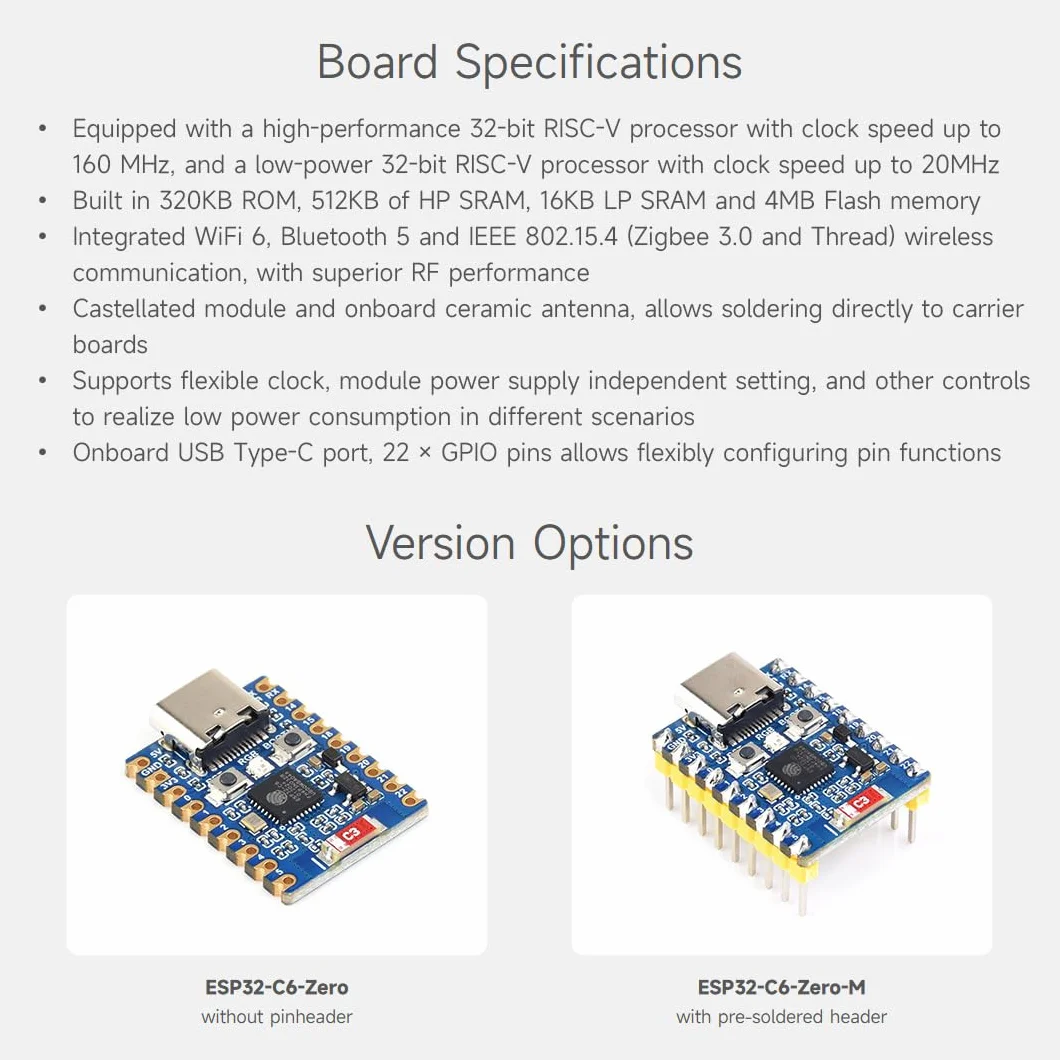 Waveshare ESP32-C6-Zero ESP32-C6 Mini Development Board 2 PCS Based on ESP32-C6FH8 Dual Processors 160MHz 2.4GHz WiFi 6 BT5