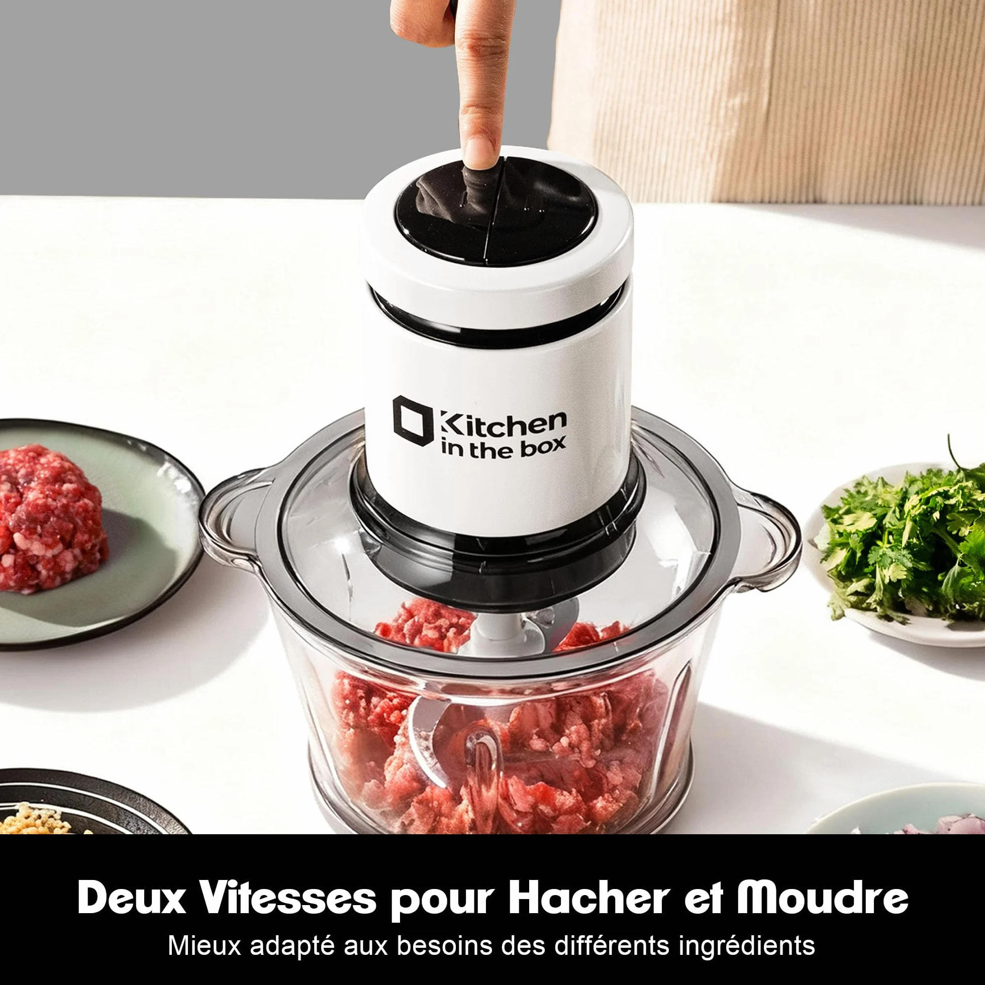 Kitchen in the Box Hachoir Électrique 400W, Hachoir à Viande avec 2 Bols (Verre 2L + Inox 2L), 2 Lames Bi-niveau, Mixeur hachoir, Légumes, Oignons, Fruits，Blanc