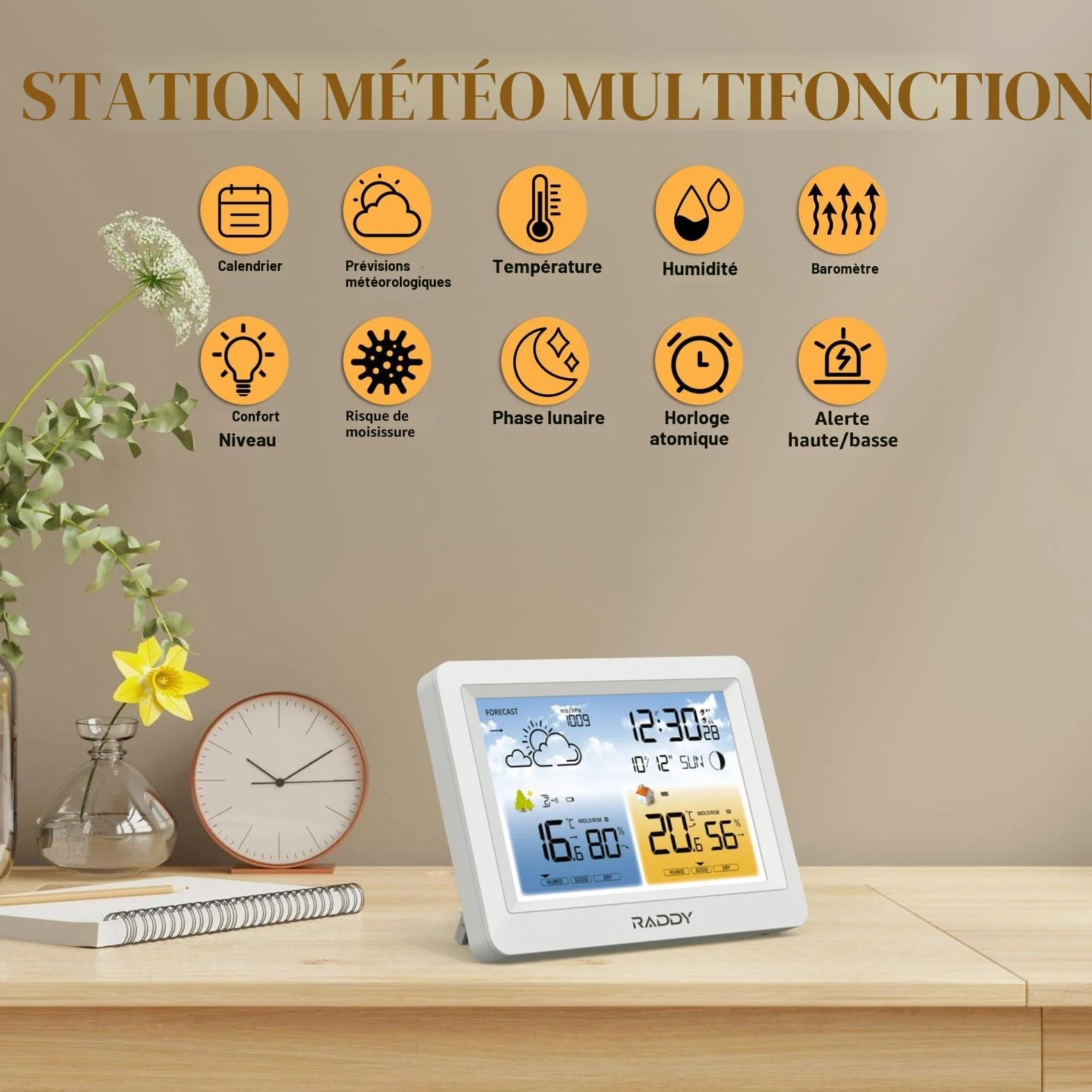 Station météo sans fil Raddy WM6 capteur distance baromètre horloge DCF 2000 mAh