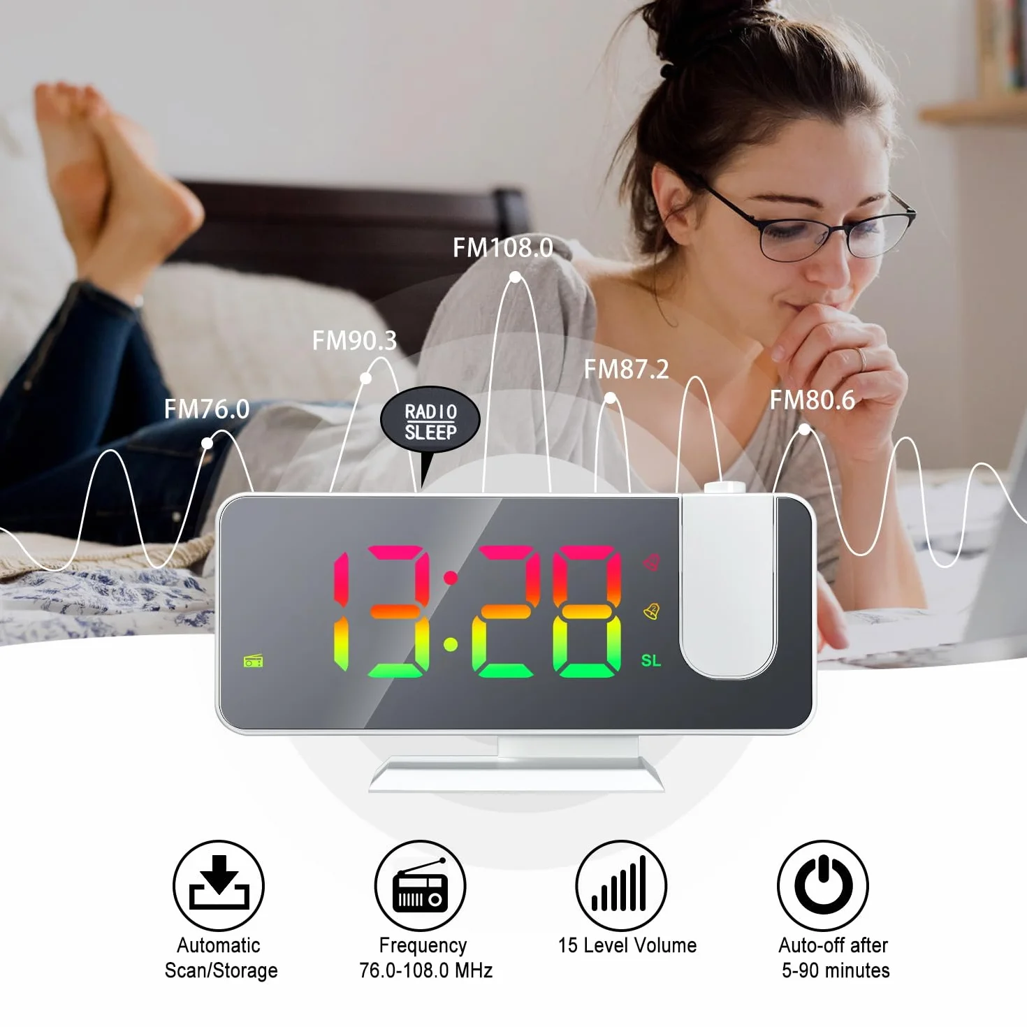 Réveil avec Projection Numérique RGB Horloge Colorée pour Chambre
