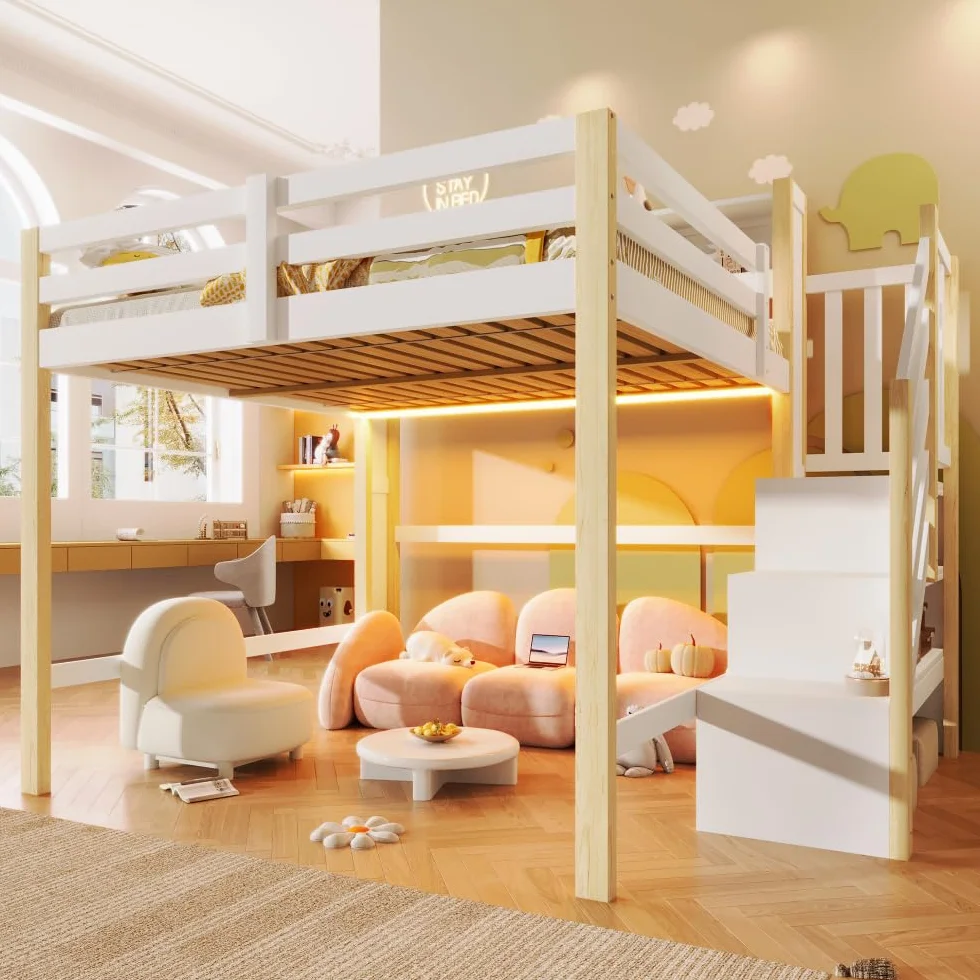 Sapgaks Lit Mezzanine Enfants 90x200cm,lit superposé Enfant avec lumières LED,lit Enfant avec Rangement sous Le lit,lit Enfant avec Barriere,échelle de Rangement,Blanc + Naturel