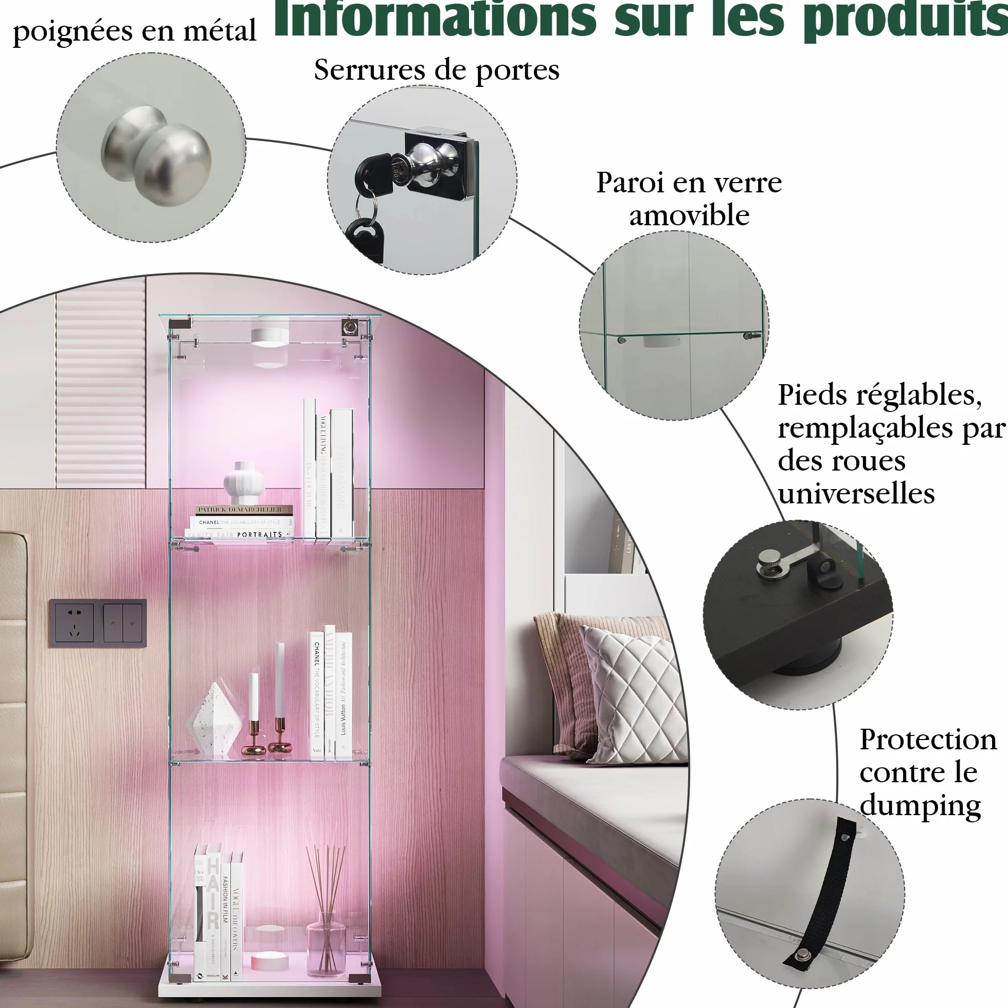 Vitrine en verre avec 1 porte et éclairage LED, 3 étagères, pour salon, bureau, chambre à coucher, 40 x 35 x 123 cm, facile à assembler, blanc
