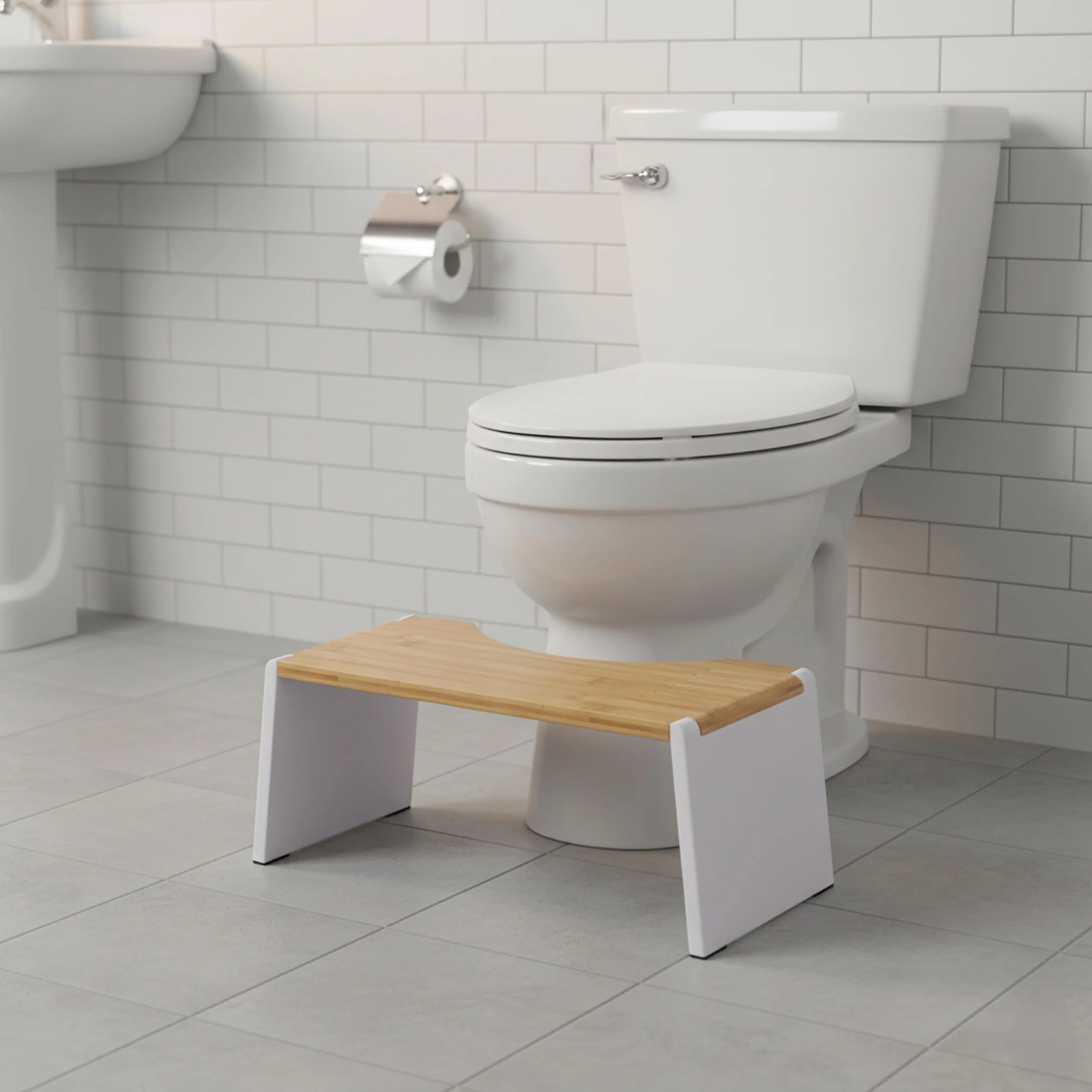 Relaxdays Repose-Pieds WC, Pliable, Adultes, Bambou, antidérapant, HxLxP 19 x 43,5 x 20 cm, Naturel/Blanc