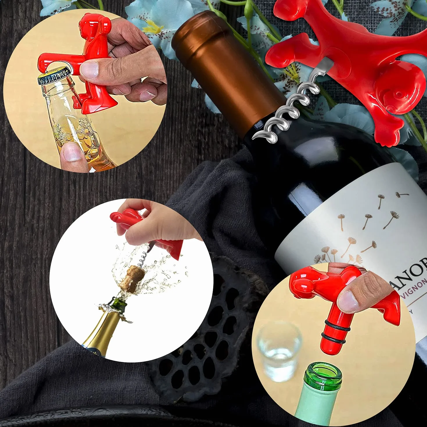 Tire Bouchon Cadeau Homme, 3pcs Rouges Tire Bouchon Cadeau Homme Femme,Bière Ouvre Bouteille Tire Bouchon Drole pour Cadeau Noël Anniversaire