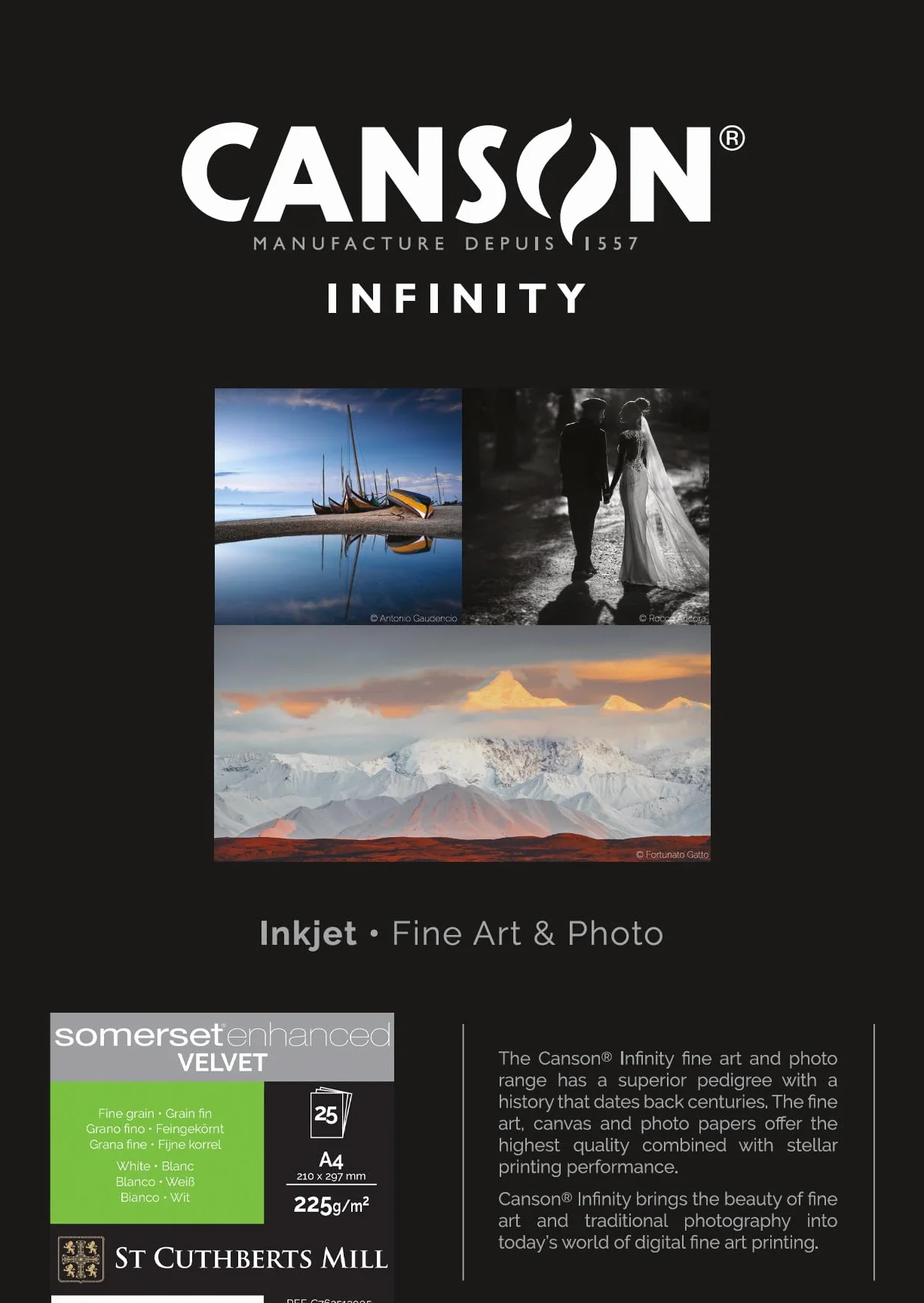 CANSON Infinity - Somerset Enhanced Velvet White - Boîte 25 feuilles A4 de papier d'impression grain fin 225g/m² Blanc naturel