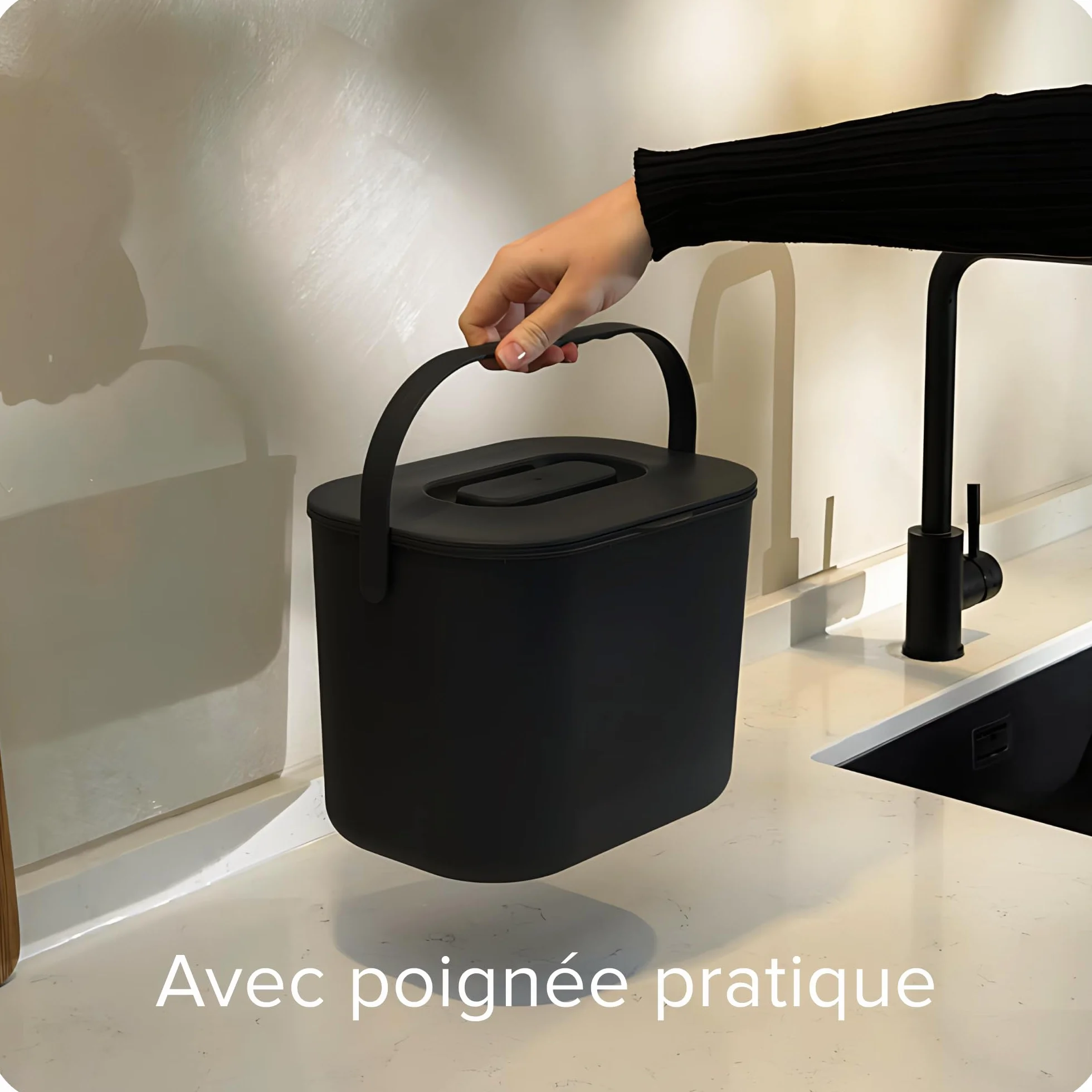 Seau à Déchets Alimentaires 7L Inodore avec Couvercle Passe au Lave-Vaisselle - Poubelle de Cuisine pour Compost Noir