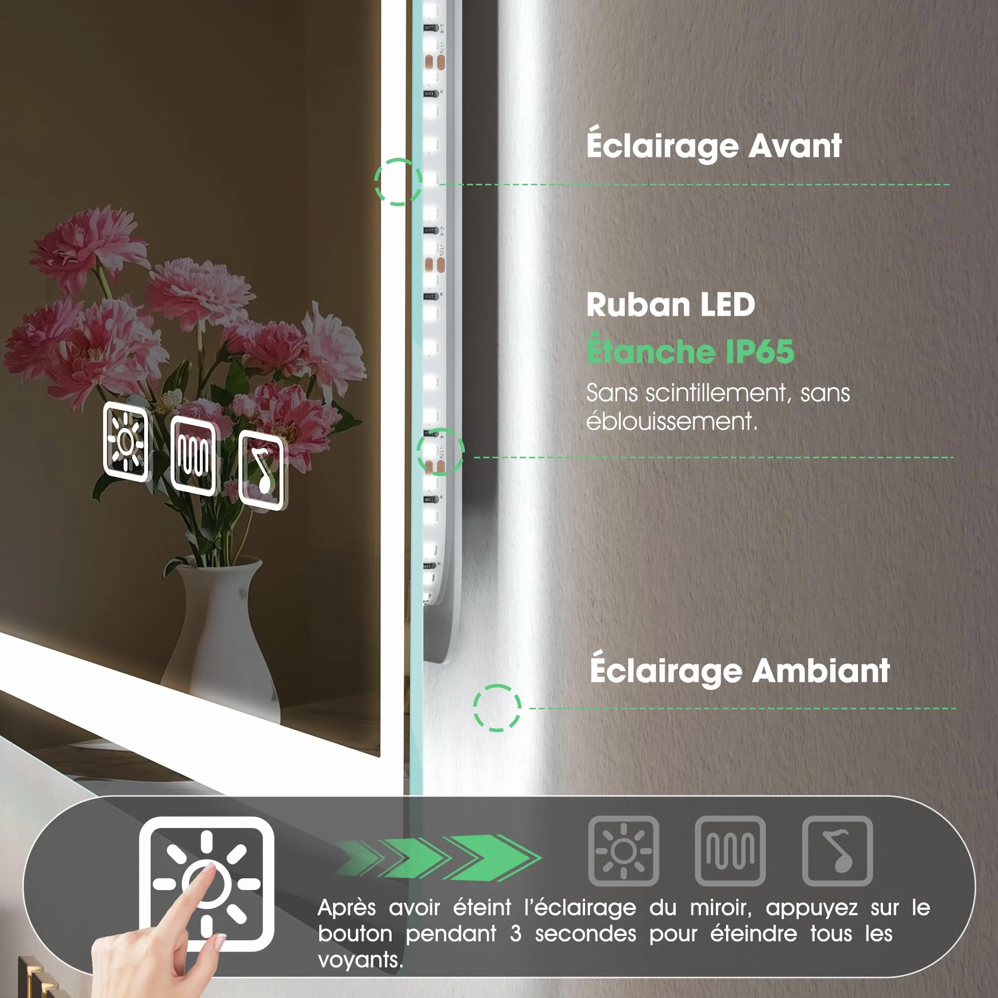 S'bagno Bluetooth-Miroir-Salle-de-Bain-avec-Eclairage-120x70cm, Miroir-LED-Salle-de-Bain Anti-buée, 3000K-6500K, Dimmable, Mémoire, Verre trempé HD, IP44-Miroir-Salle-de-Bain-Led, Horizontal/Vertical