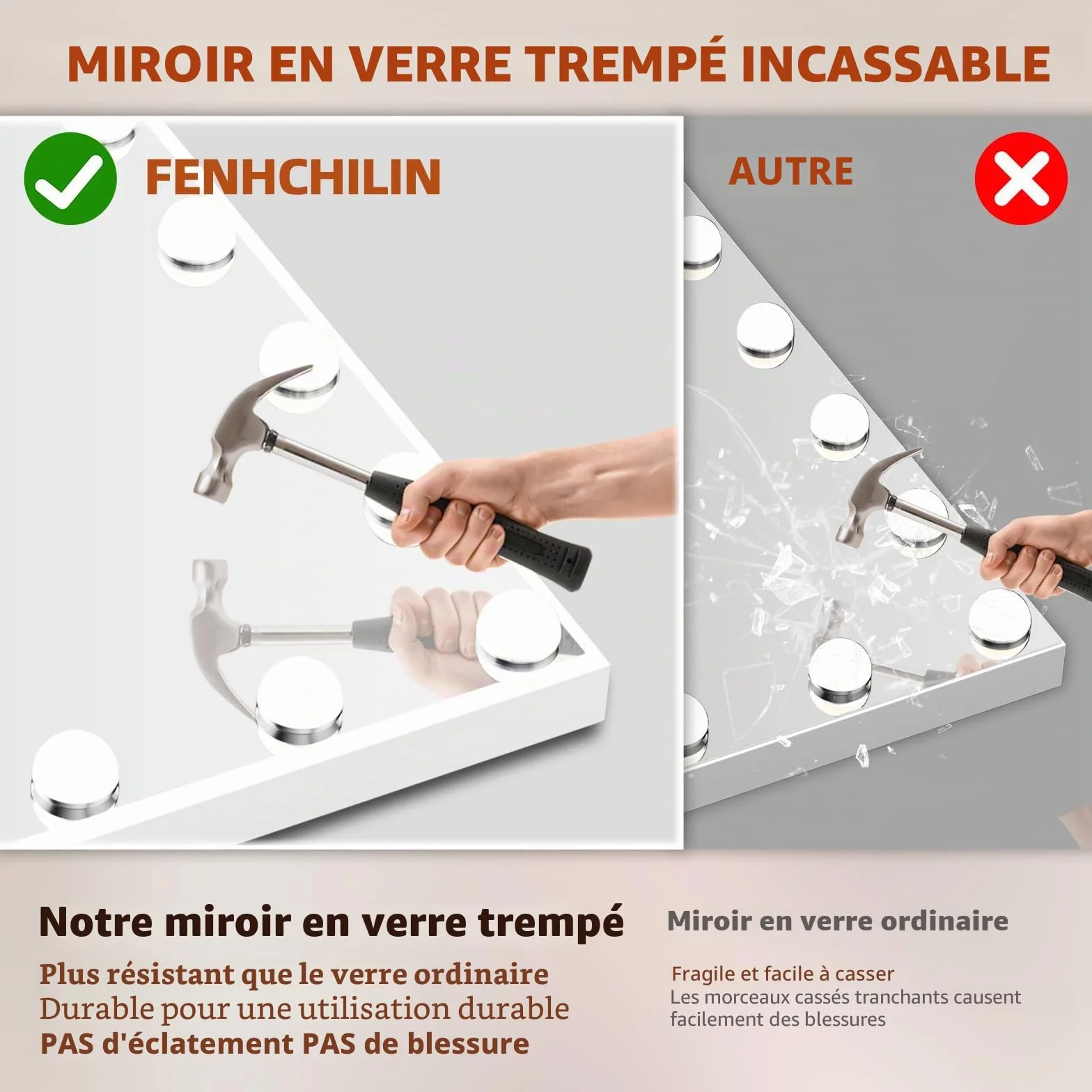 FENCHILIN Miroir Hollywood Bluetooth avec éclairage 18 Ampoules LED dimmable Grand Miroir de Maquillage avec éclairage Hollywood Miroir de Maquillage avec lumière Miroir grossissant 10x et USB