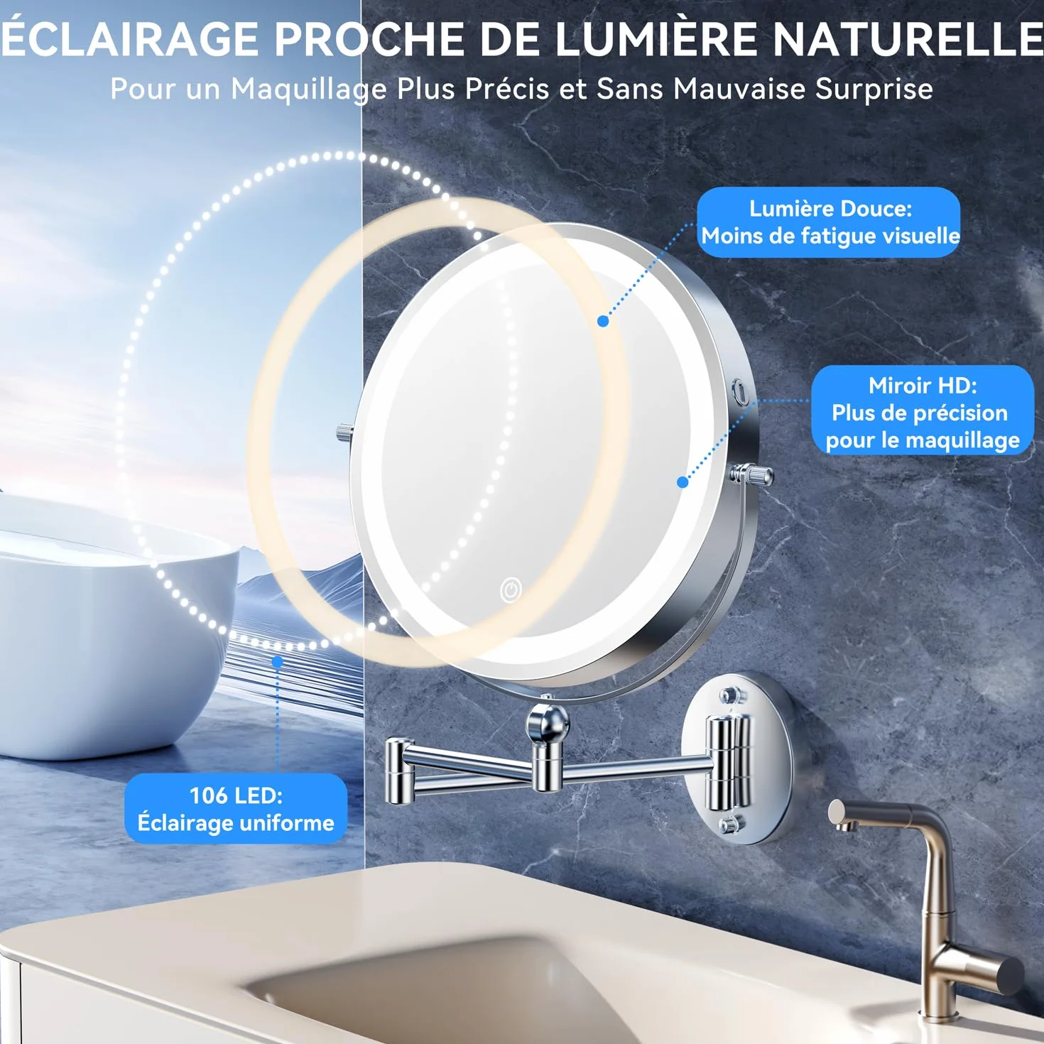 Auxmir 9" Miroir Grossissant Mural Rechargeable 5000 mAh, Miroir Grossissant x30 Réglable en Hauteur et Rotatif 360° pour Soins du Visage et Rasage pour Toute la Famille, Salles de Bain et Hôtels