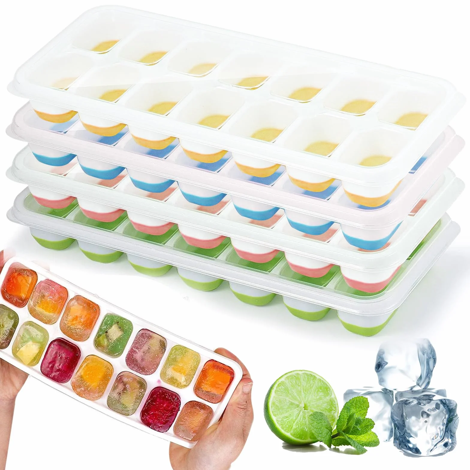 Bacs à glaçons en silicone avec couvercle, 4 pièces, LFGB, sans BPA, carrés faciles à retirer