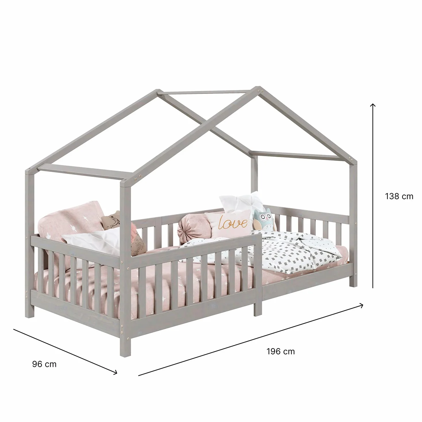 IDIMEX Lit cabane Enfant 90x190 cm LISAN lit Simple Montessori avec Barrières de Protection en Bois Massif lasuré Gris