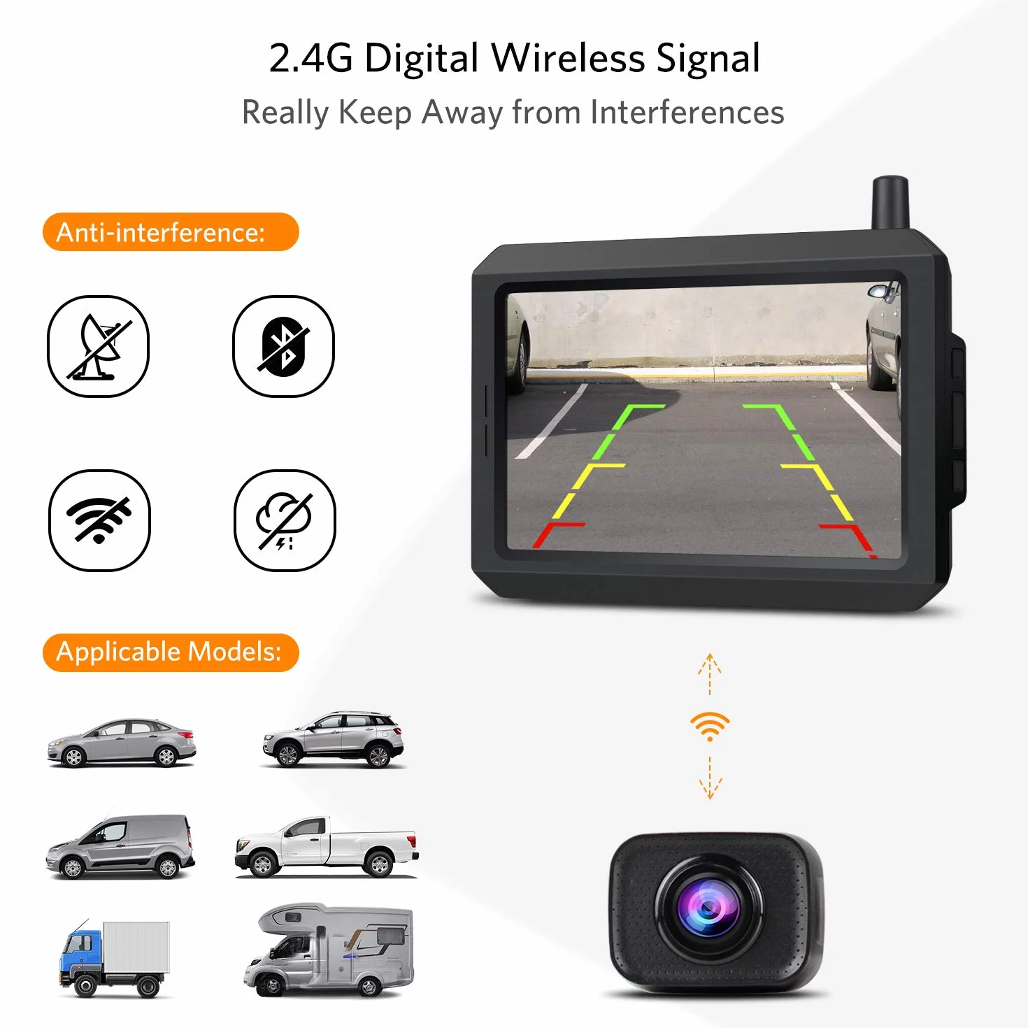 K7PRO Cyfrowa, Bezprzewodowa Kamera Cofania, Zestaw ObsłUguje 2 Kamery, Radiowa Kamera Cofania Ze Stabilnym SygnałEm, Monitor Hd 5", Bezprzewodowa Kamera Cofania Z Wodoodporną Kamerą Ip68, Nocna Wizja