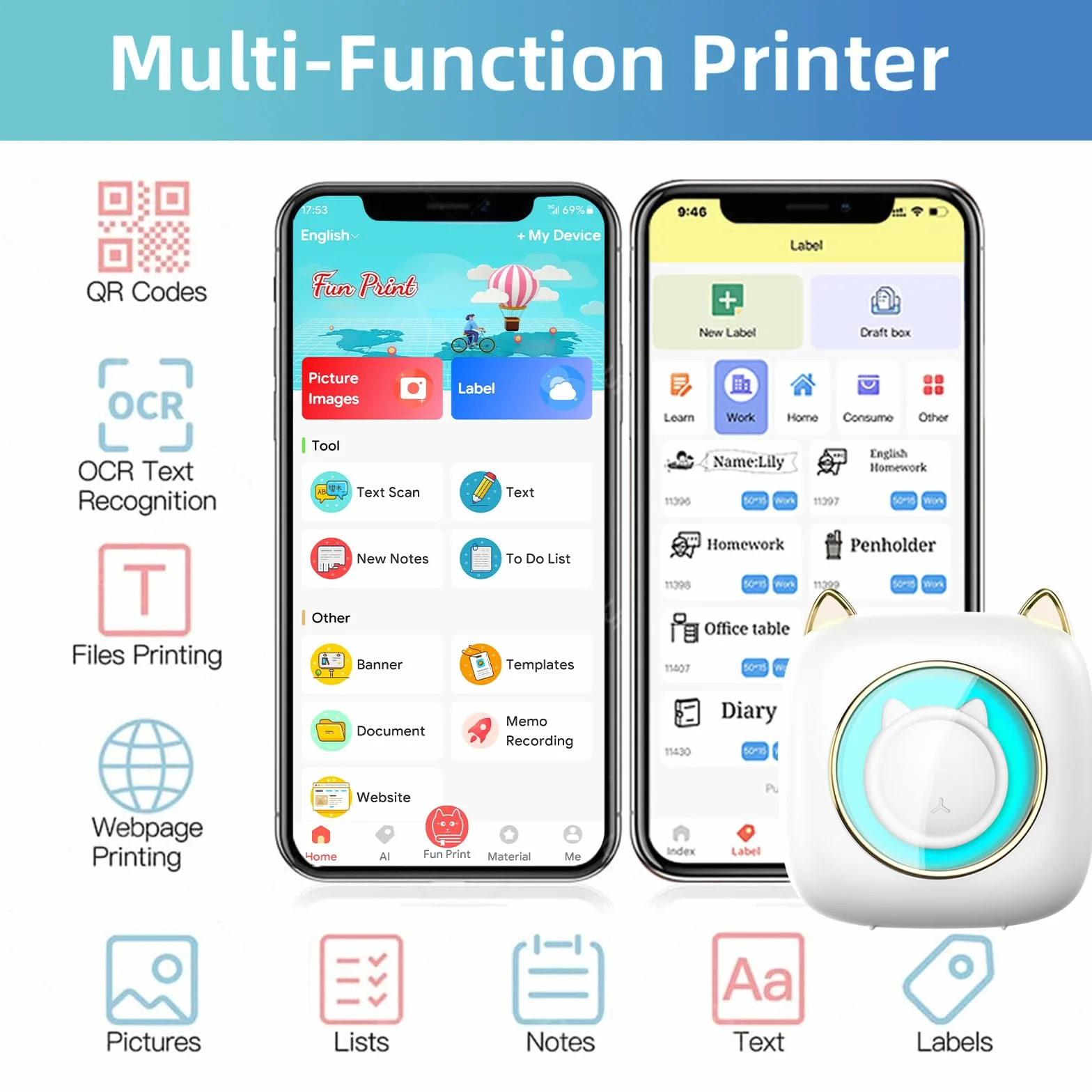 Mini Imprimante Thermique Portable Bluetooth pour iOS Android, 14 Rouleaux Papier, Étiquettes, Images, Blanc